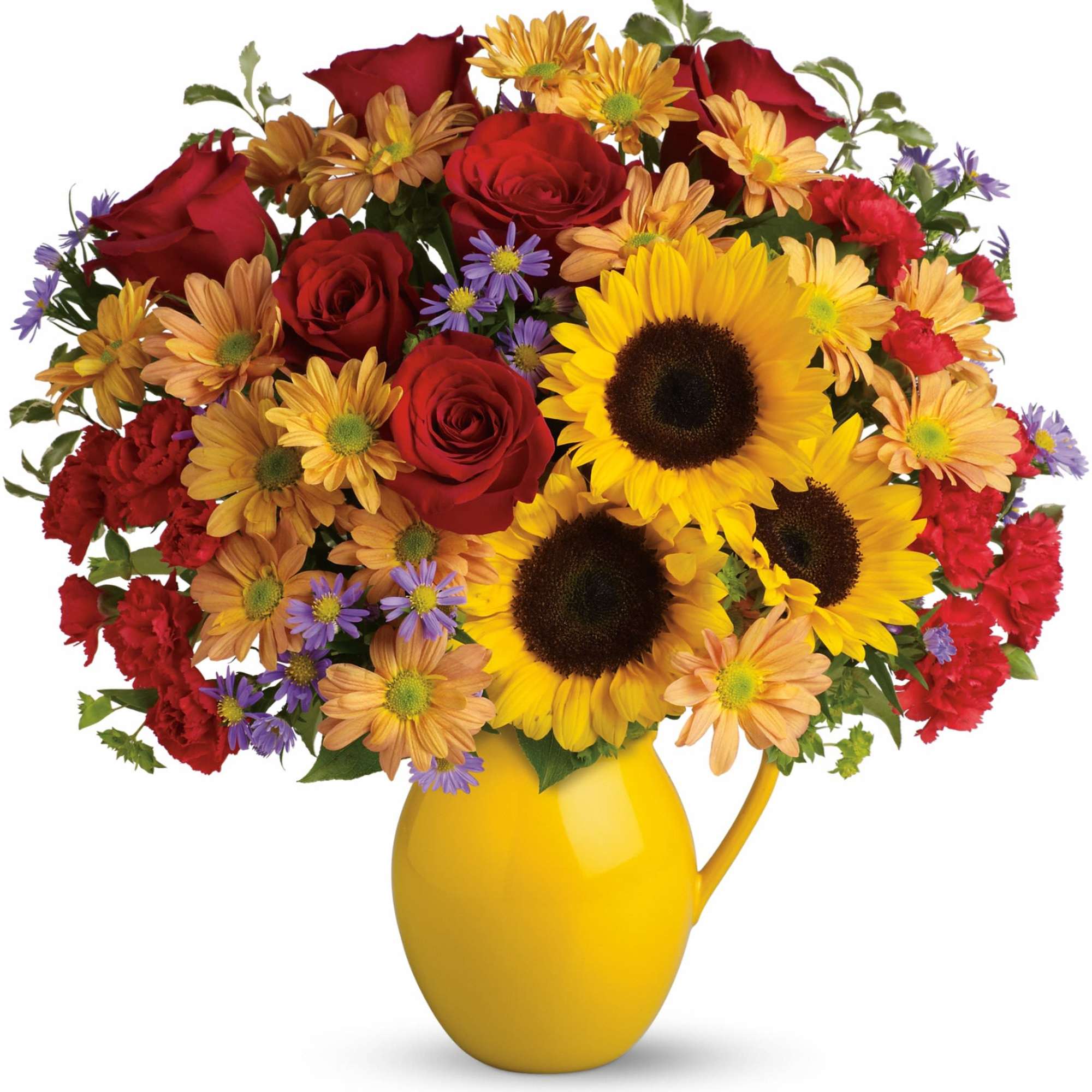 Bouquet of red roses, sunflowers, and daisies in a yellow pitcher vase