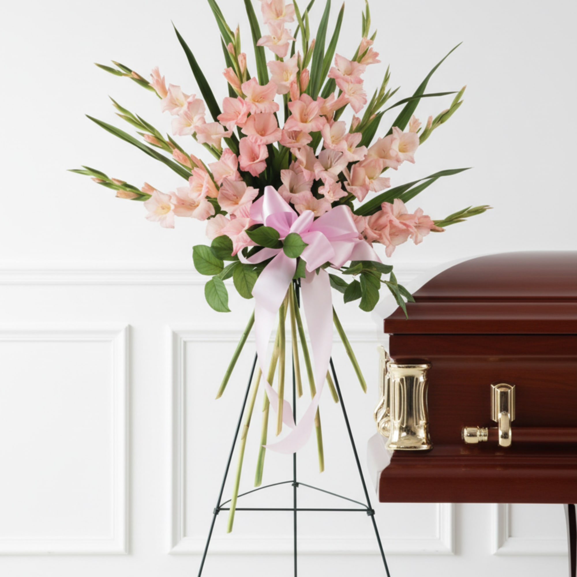 Pink gladiolus standing spray beside a casket