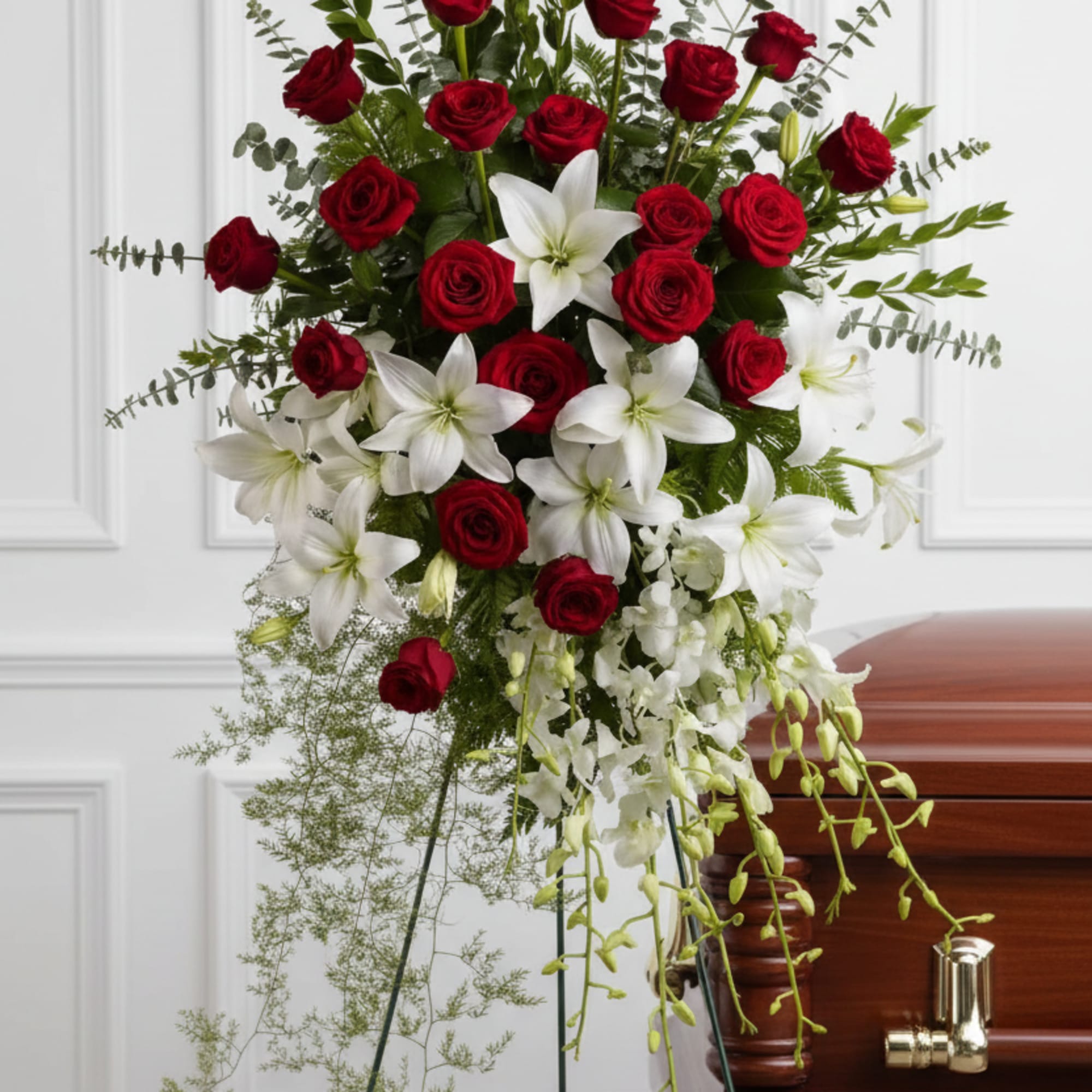 Tall standing spray of red roses and white lilies with trailing white orchids on a metal easel beside a wooden casket