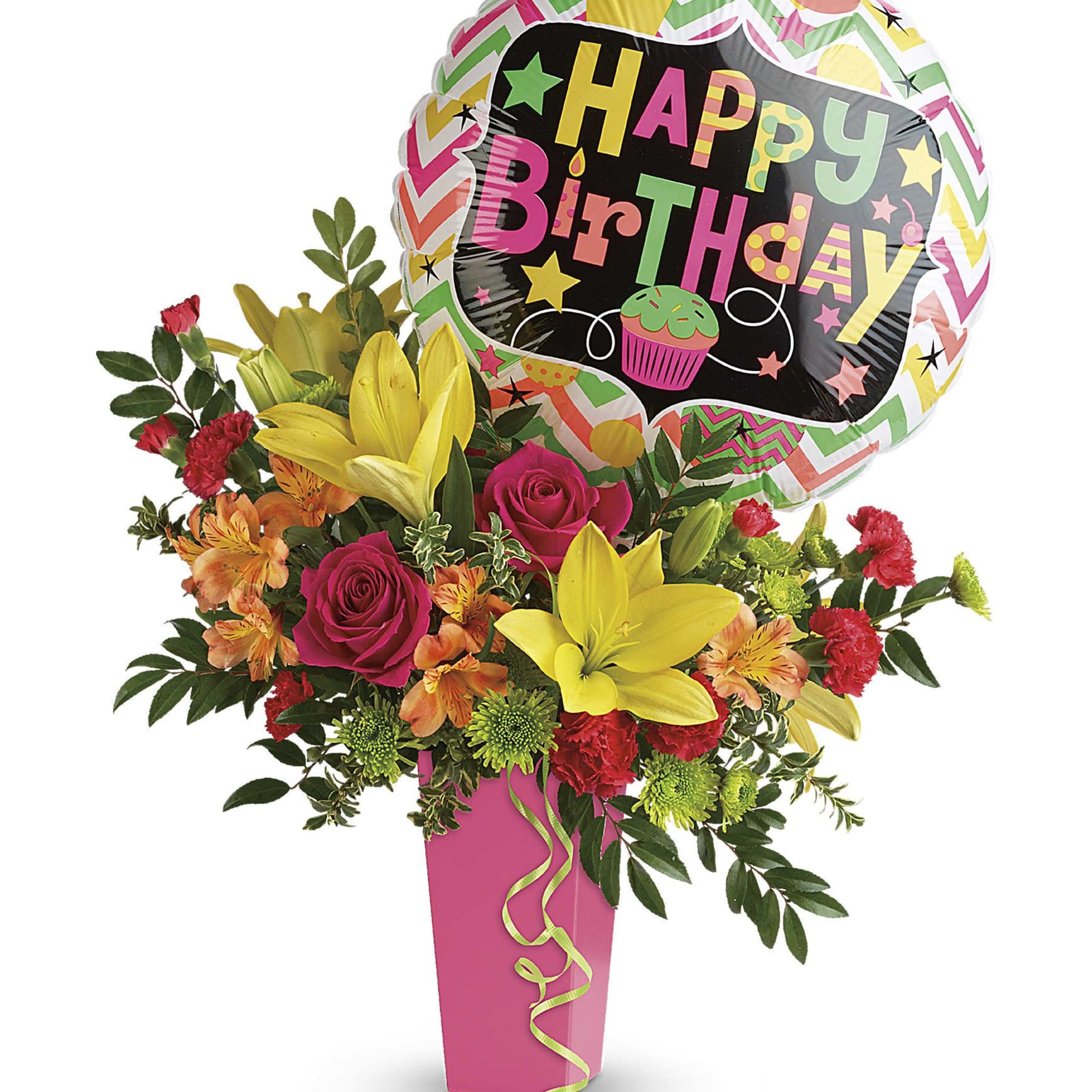 Birthday balloon above a colorful flower arrangement in a pink vase