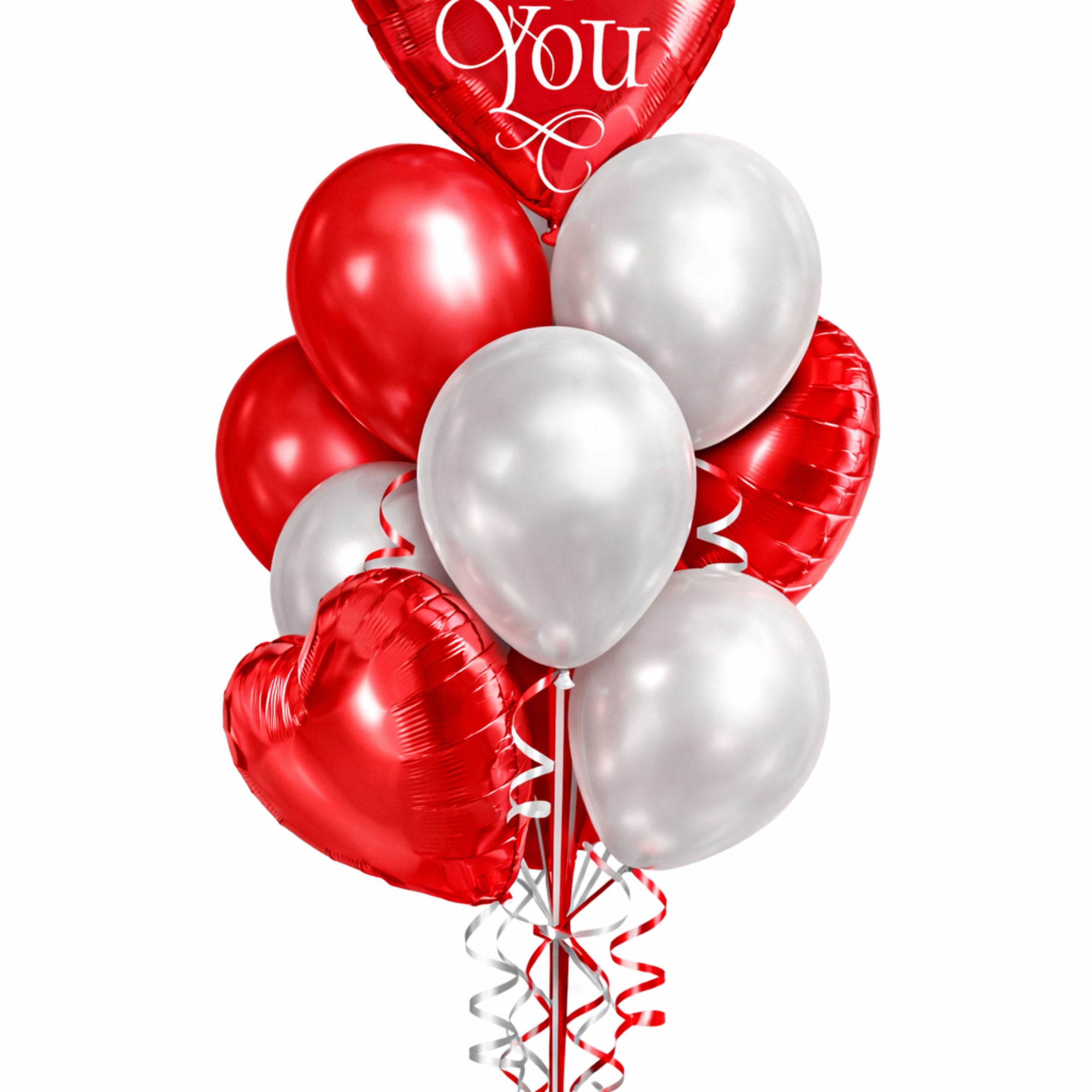 Bouquet of red heart-shaped and silver balloons with I Love You message and curling ribbons