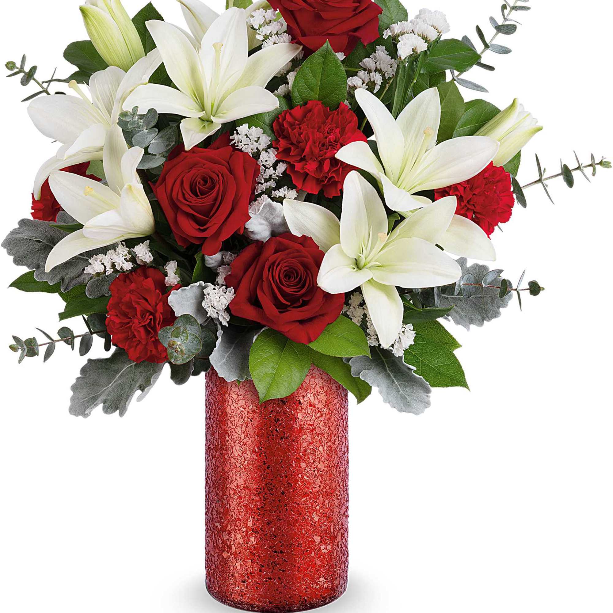 Red roses and white lilies in a red vase