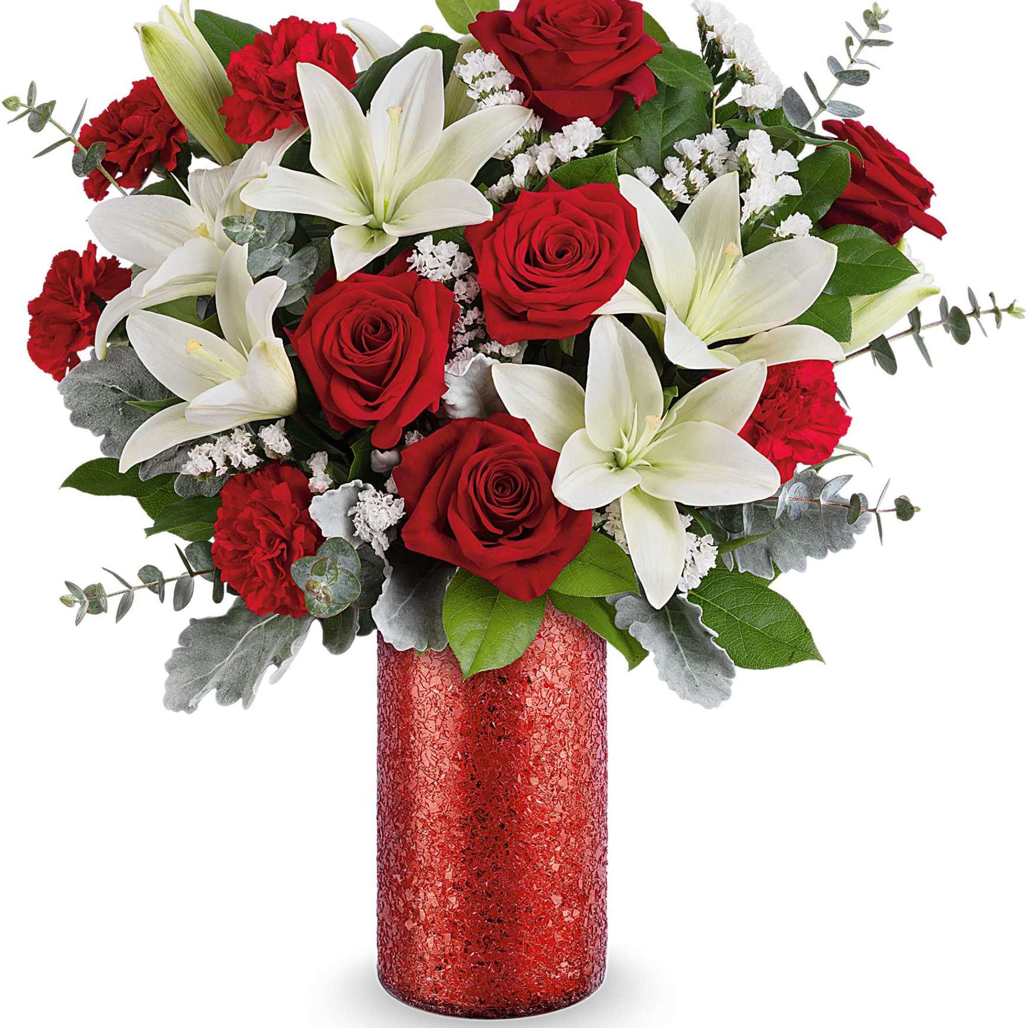 Red roses and white lilies in a red vase