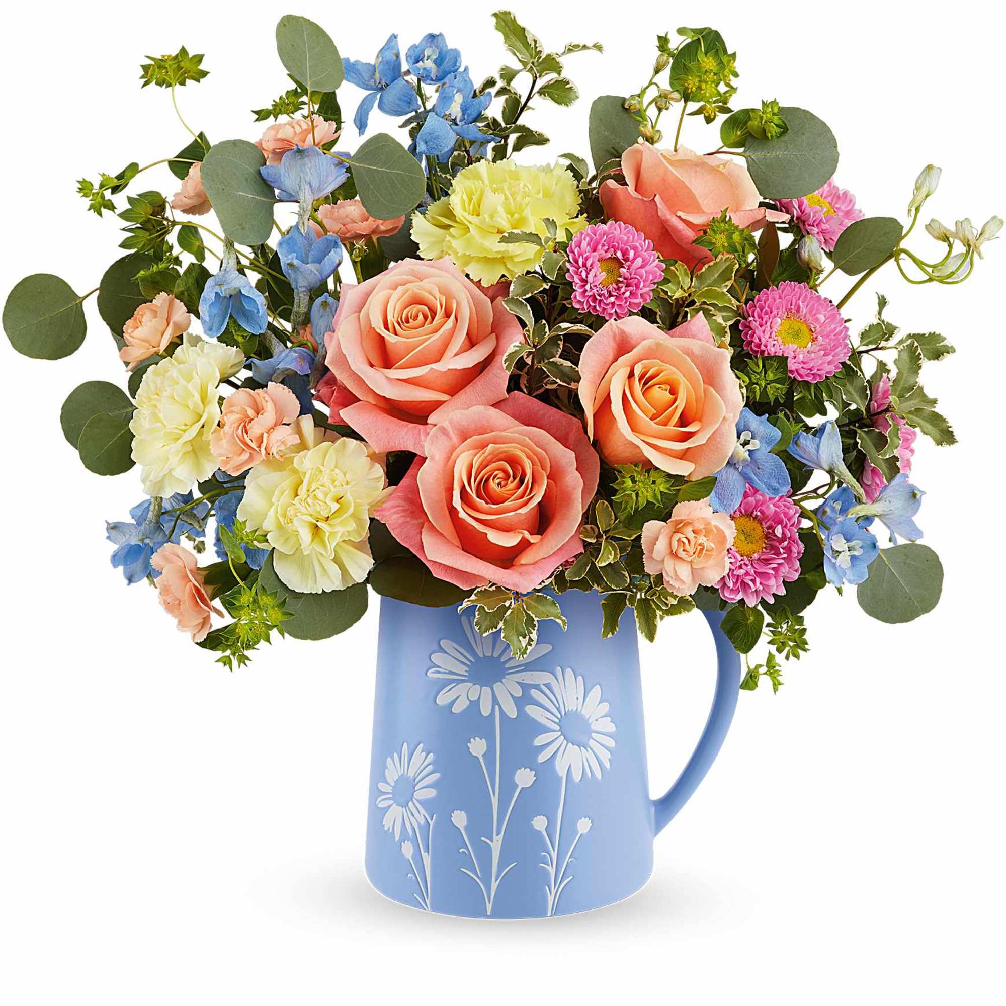 Brimming with fresh-picked charm, Our Daisy Dreams Bouquet delights with peach roses