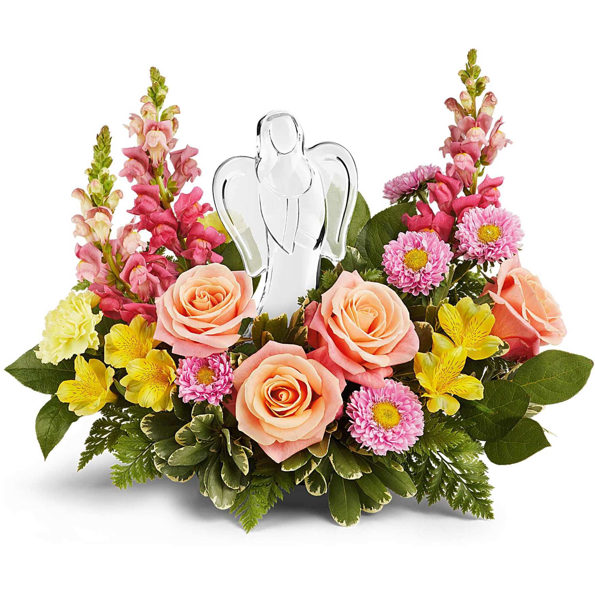 Radiating peace and comfort, our Angel's Embrace Bouquet surrounds a sparkling crystal
