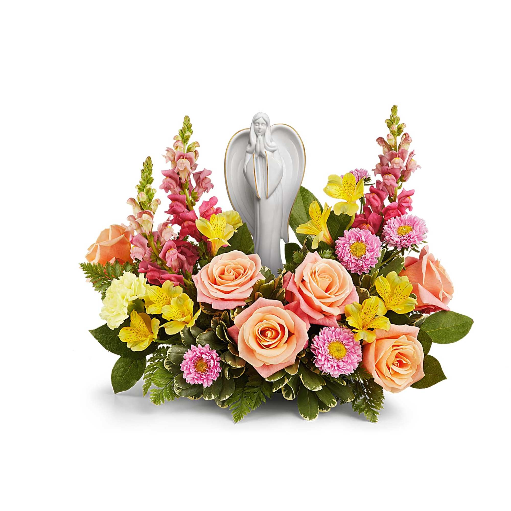 Radiating grace and serenity, our Angelic Bloom Bouquet surrounds a keepsake porcelain