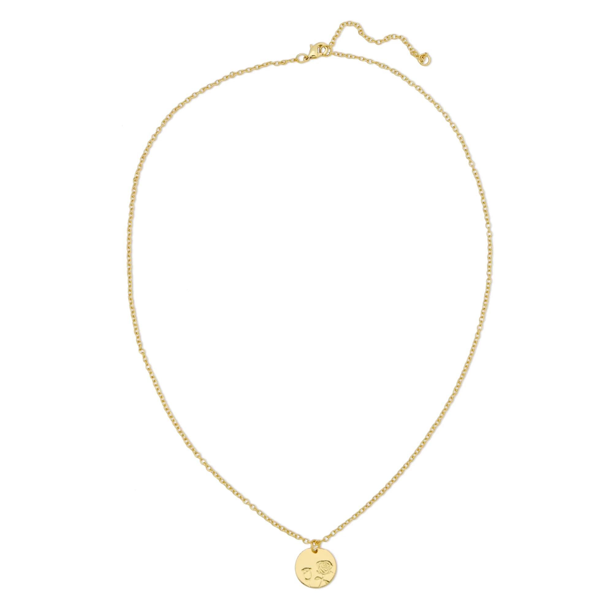 Gold necklace with a small round floral pendant on a white background