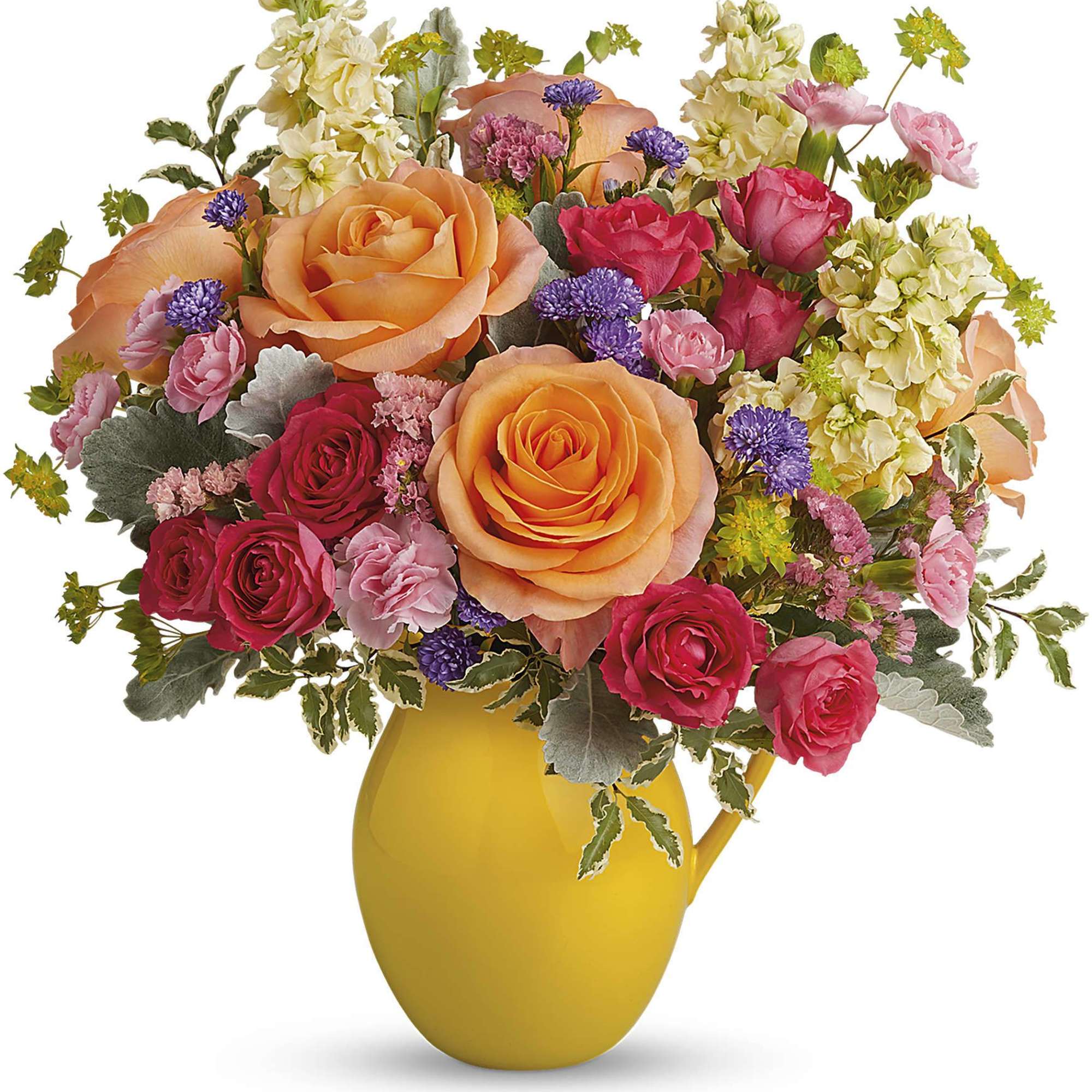 Pour on the sunshine! Filled with radiant roses, this cheerful yellow pitcher