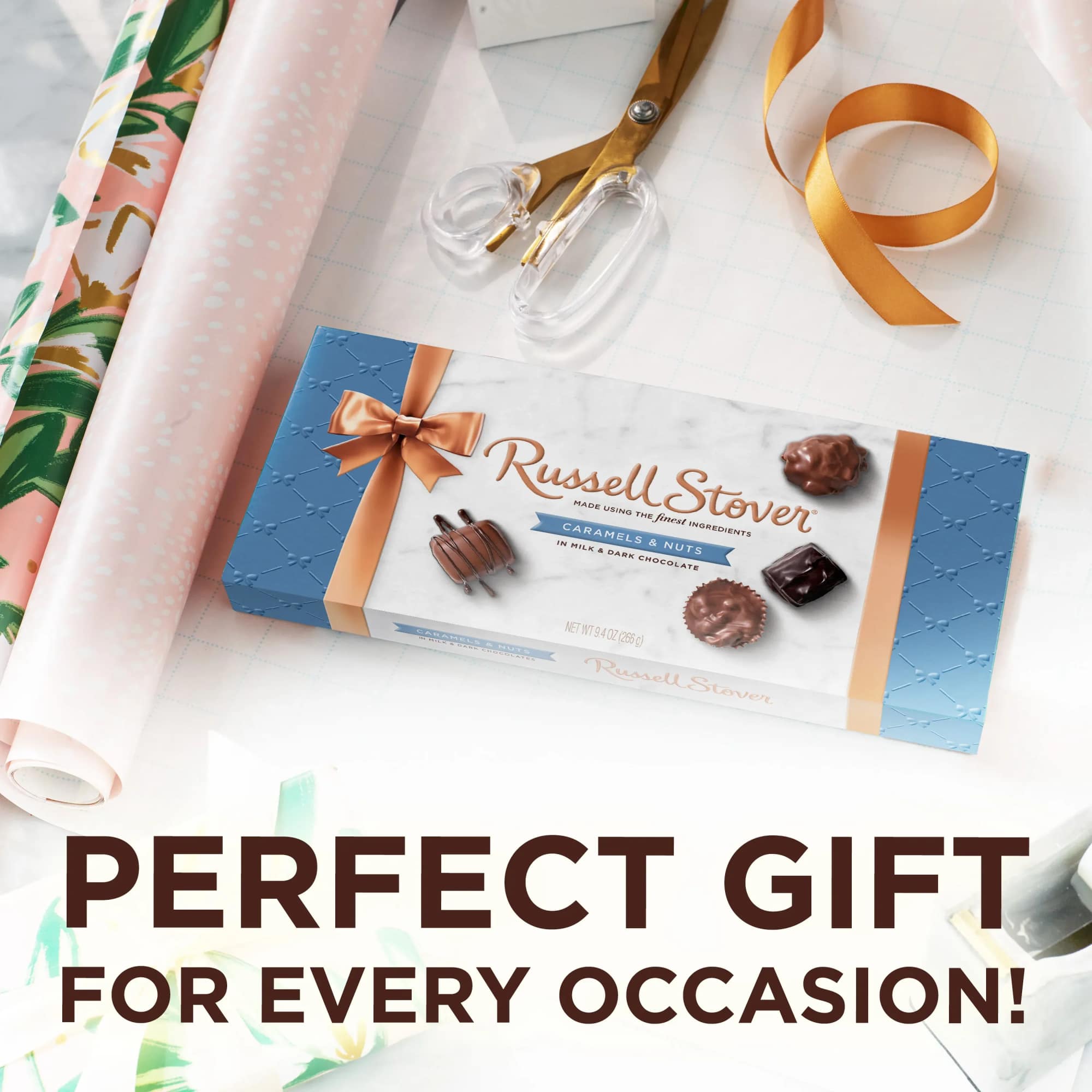 A classic boxed assortment of Russell Stover caramels and nuts makes a