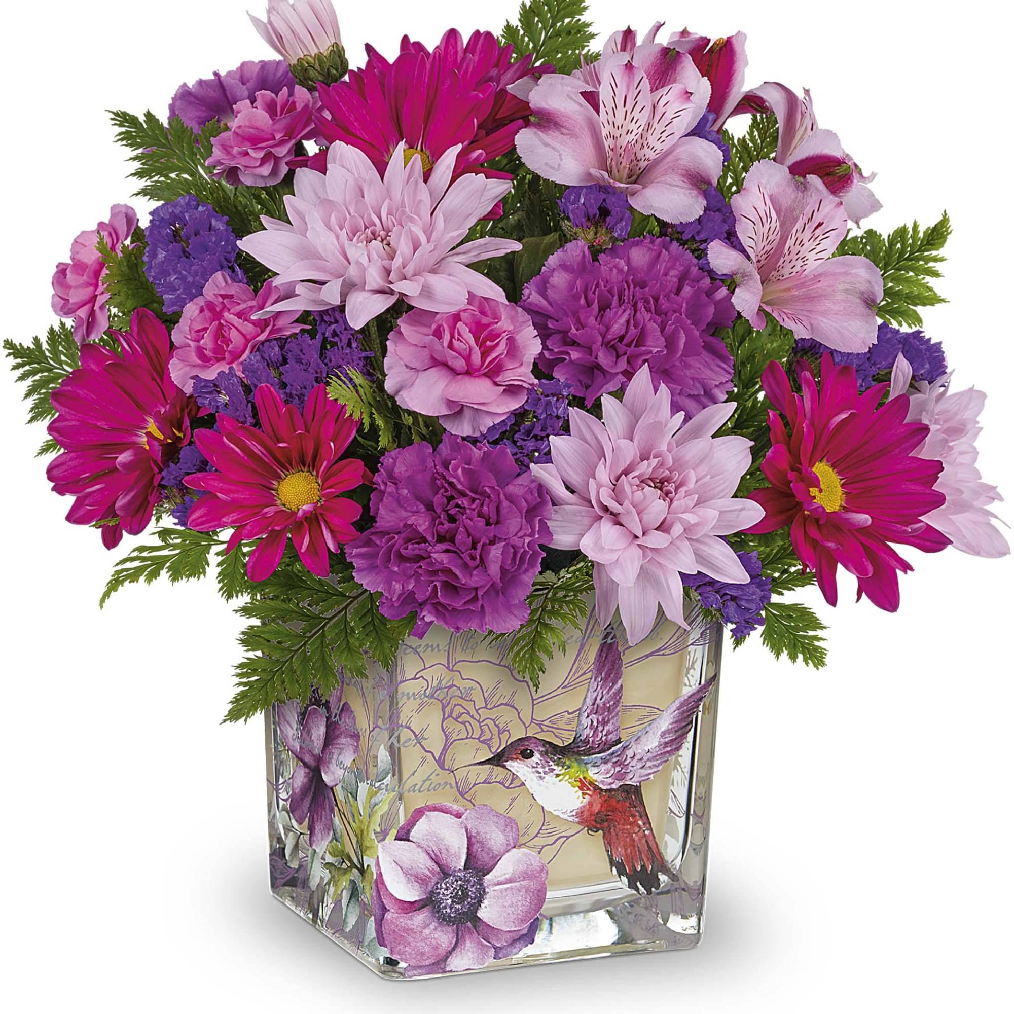 A lively bouquet of pink, purple, white, and green blooms that feels