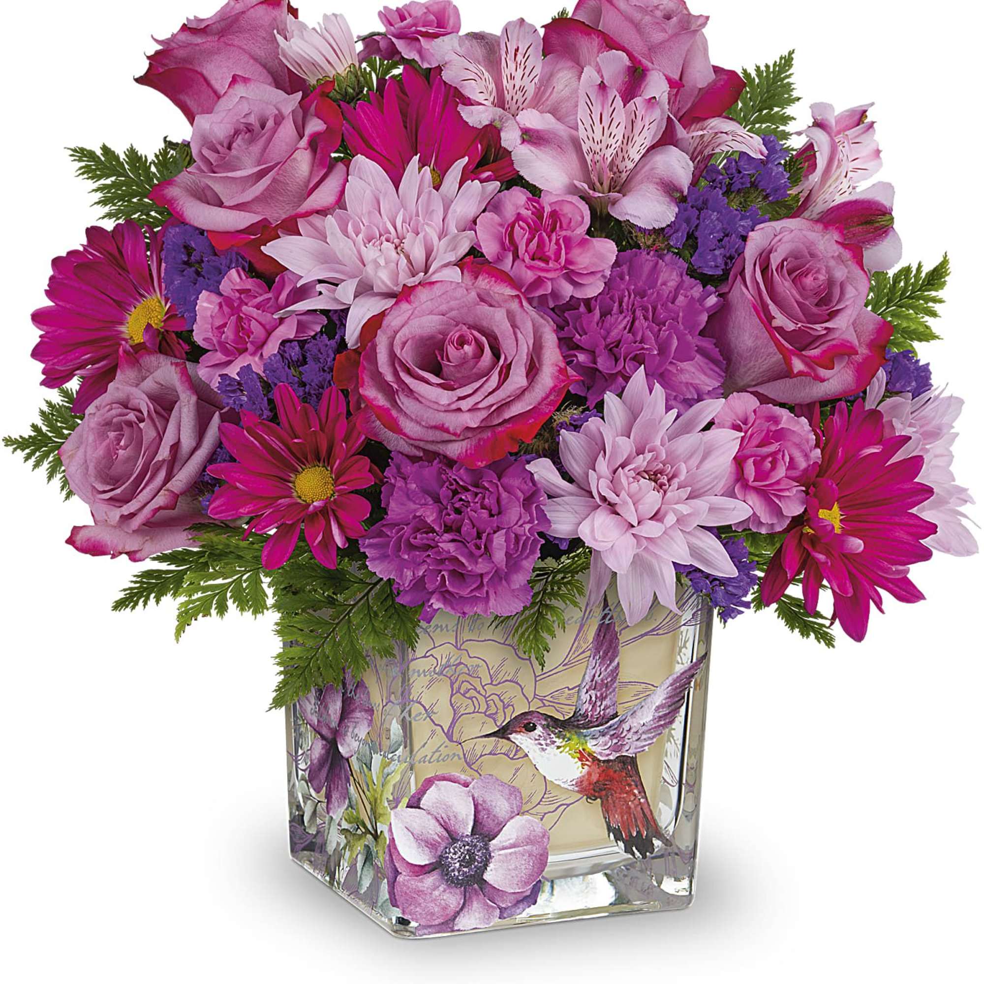 A lively bouquet of pink, purple, white, and green blooms that feels