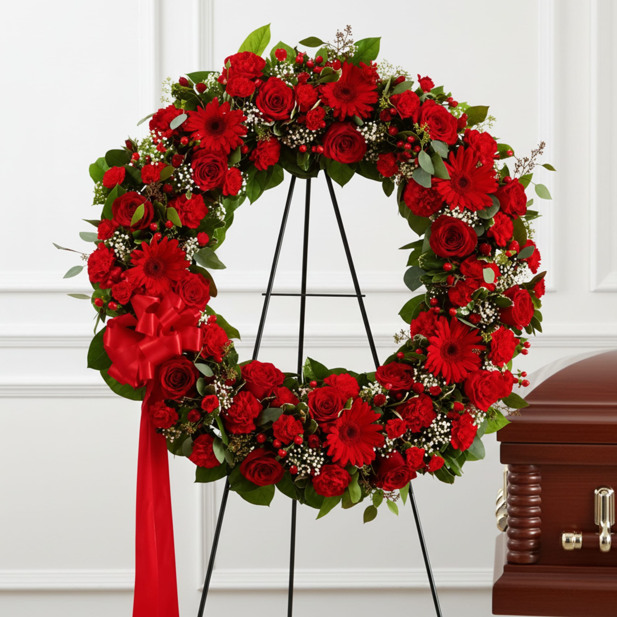 A dense circle of deep red roses, gerbera daisies and carnations forms