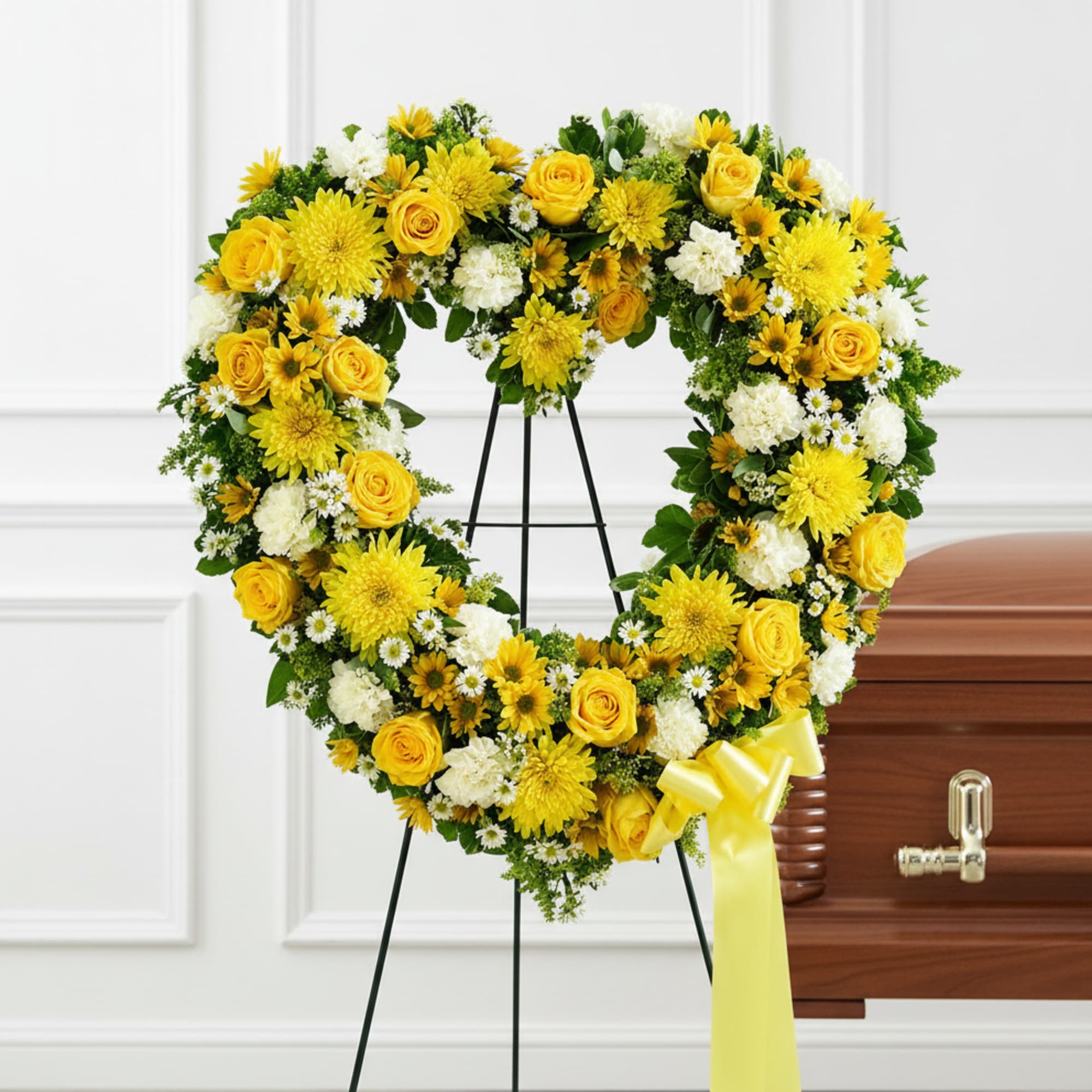 Bright yellow roses and chrysanthemums shaped into a heart create an uplifting