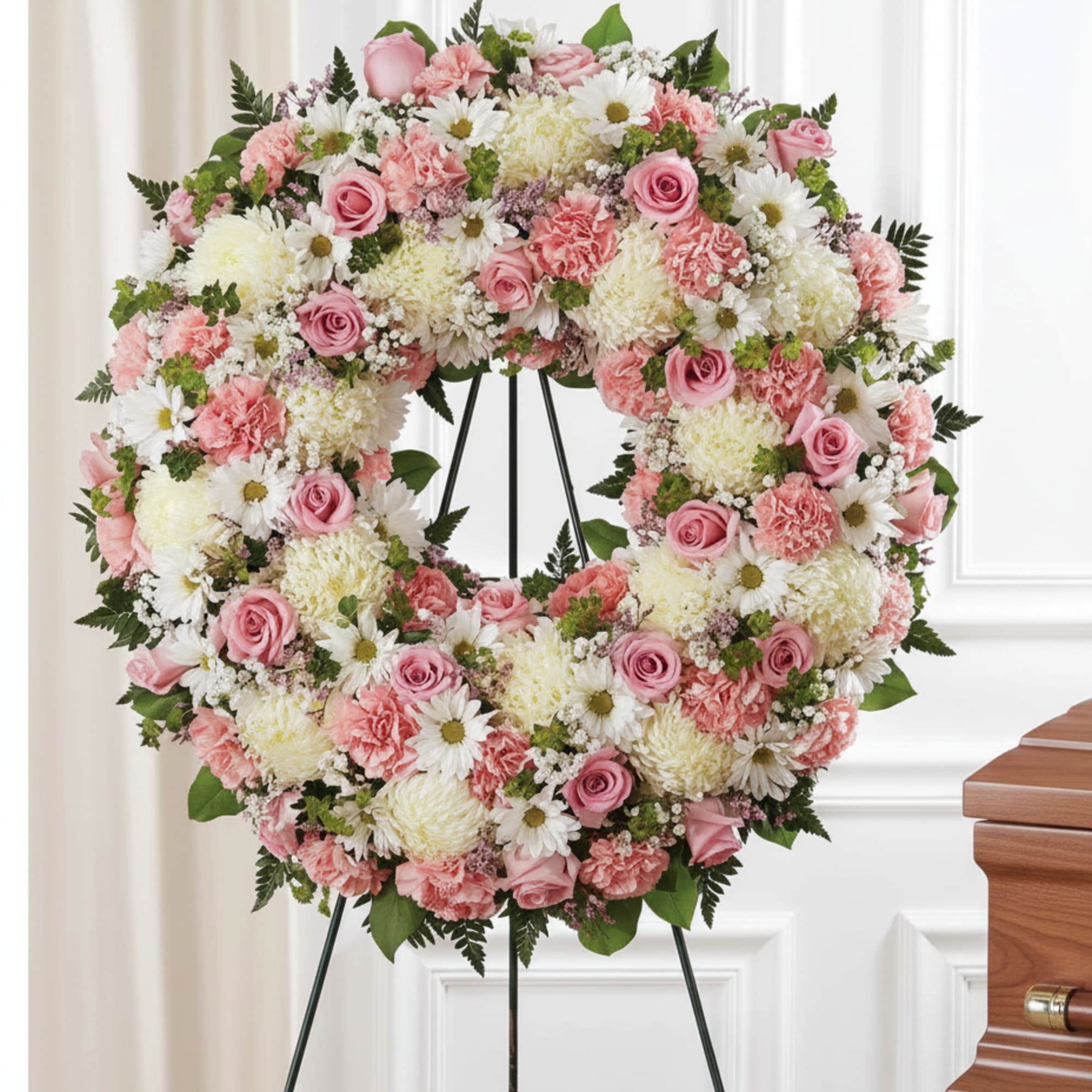 Soft pink roses and pale cream chrysanthemums form a gentle halo in