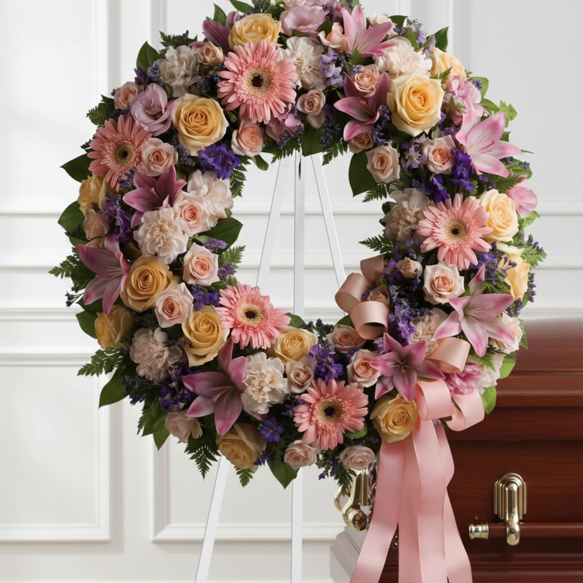 Heart-shaped floral wreath with pink and peach flowers on a stand