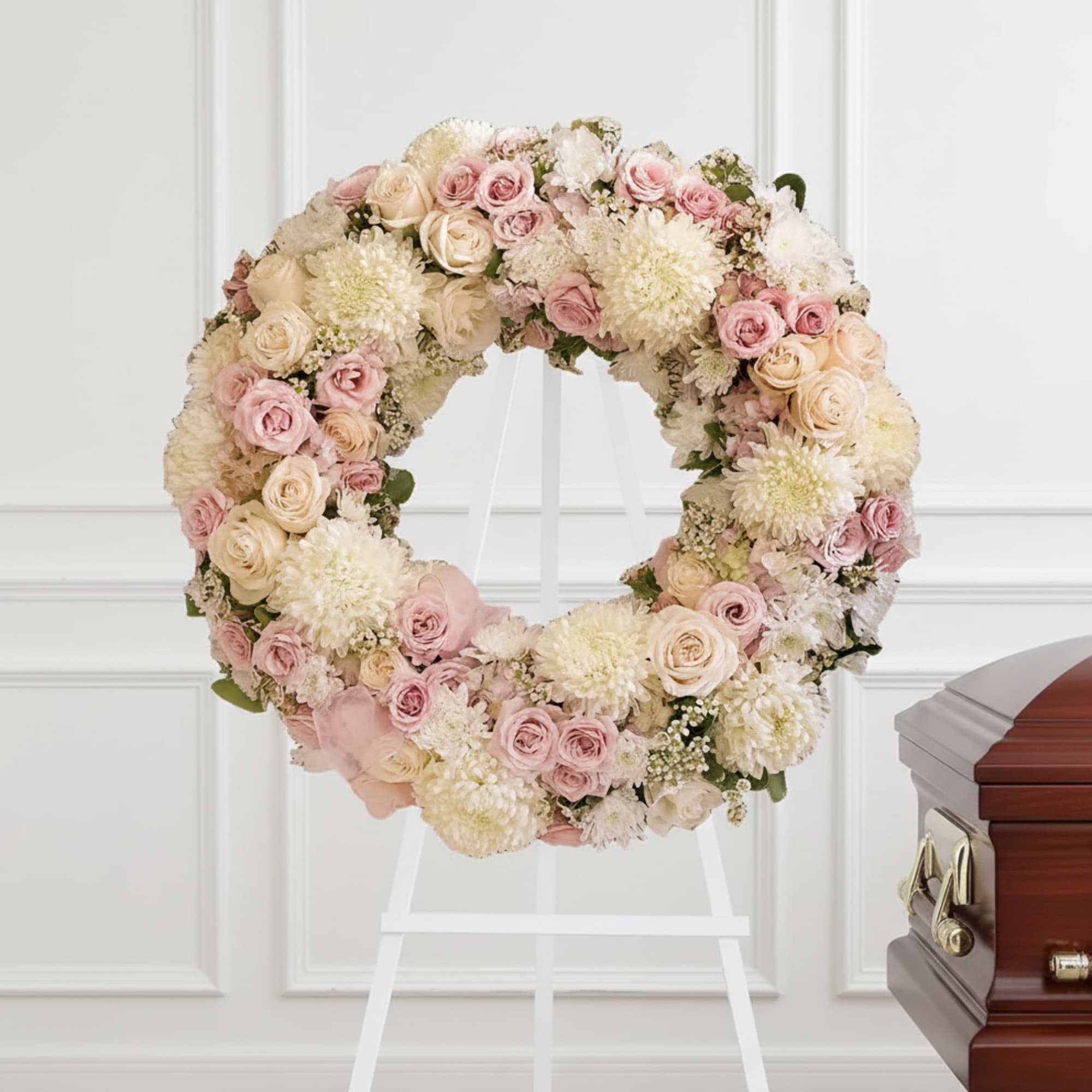 Pastel floral wreath on a white stand beside a wooden casket