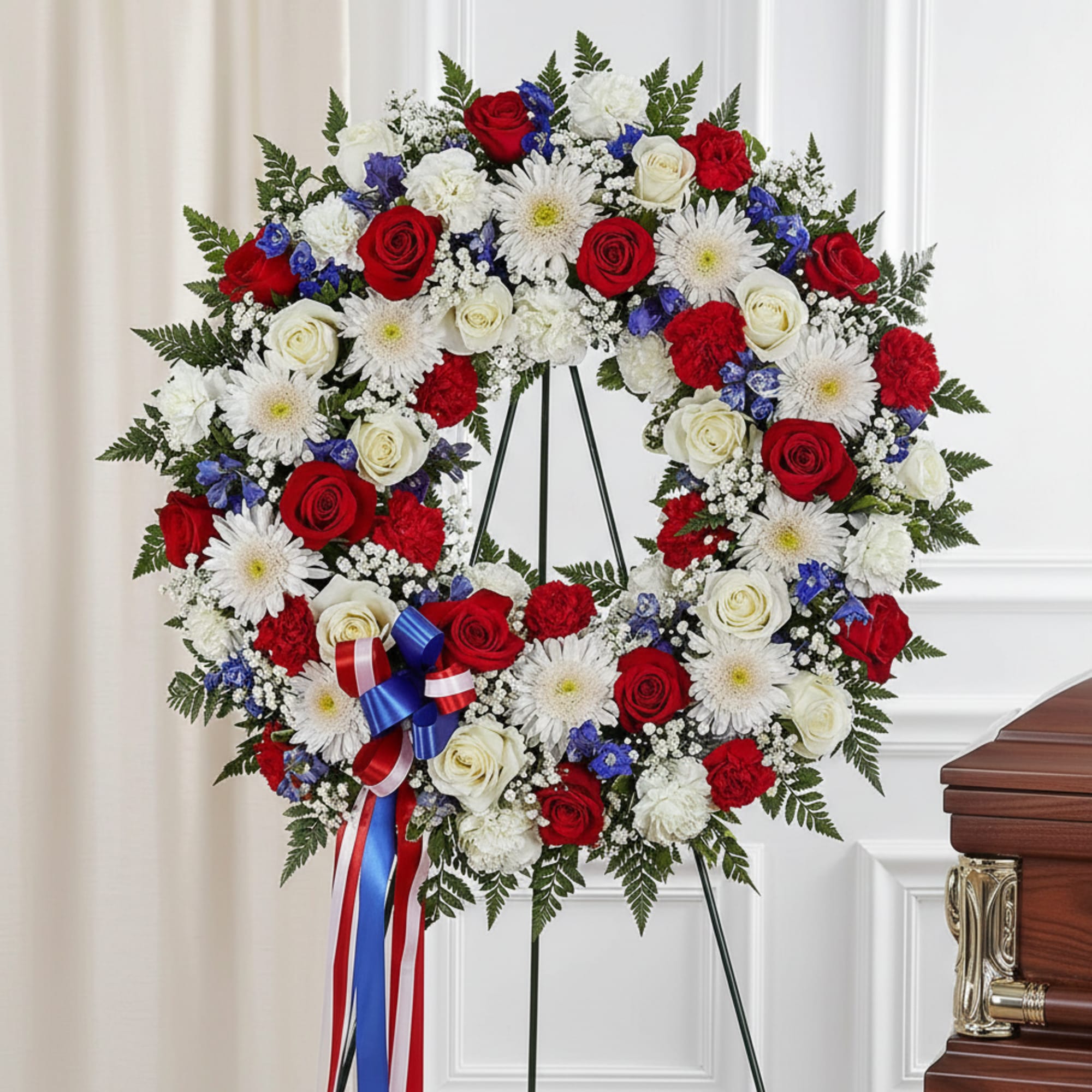 Heart-shaped funeral wreath of red and white roses with white daisies on an easel