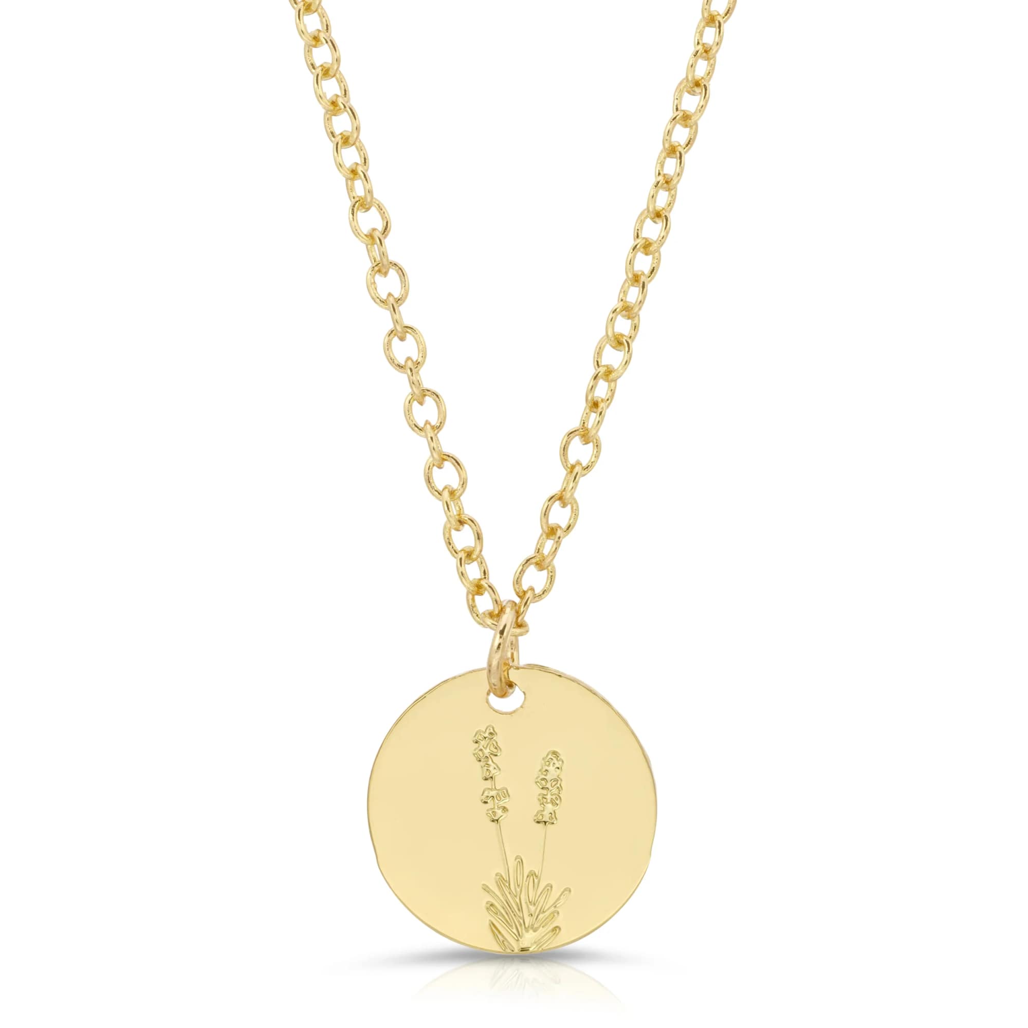 Gold chain necklace with round disc pendant engraved with small flowers