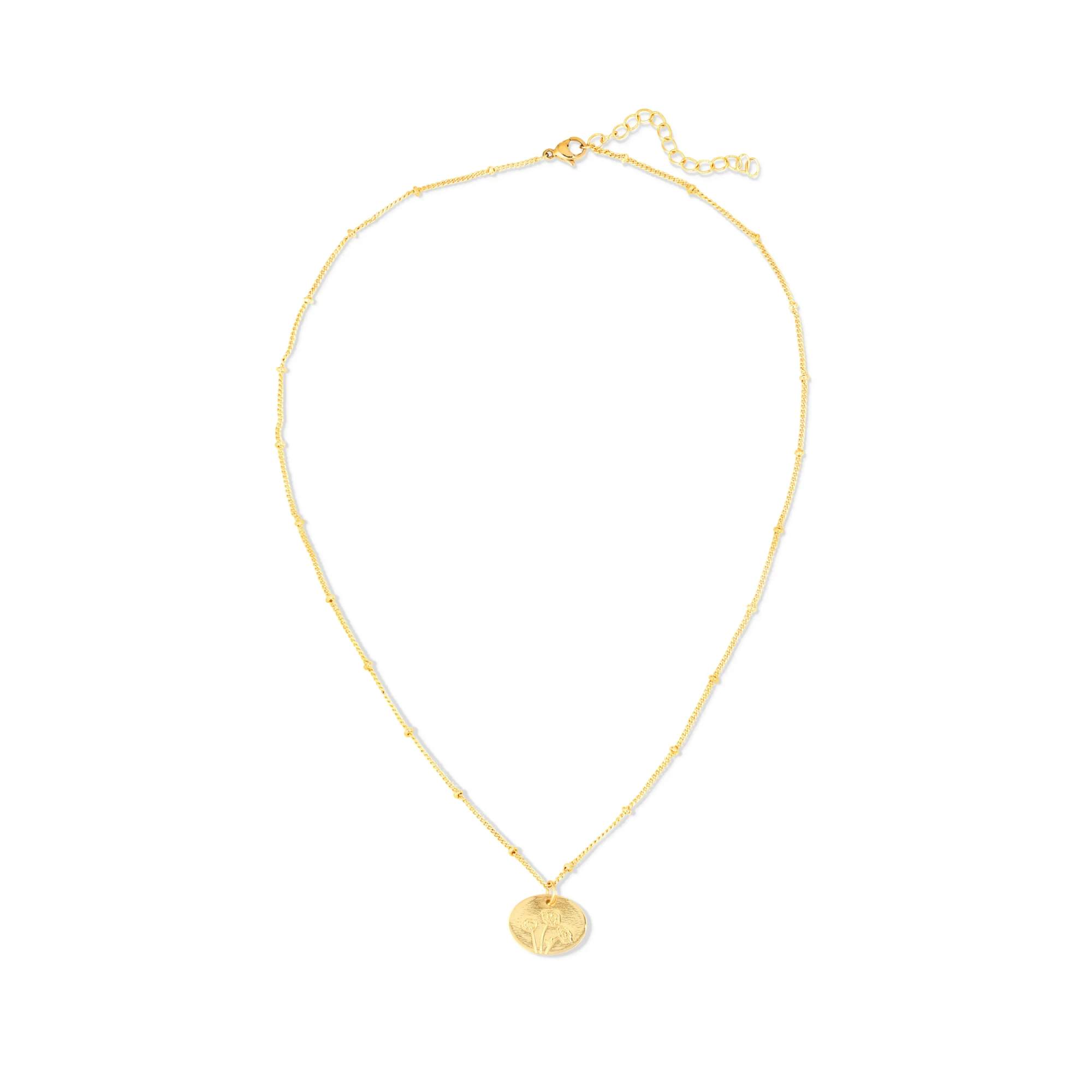 Delicate gold beaded chain necklace with small round coin pendant on white background
