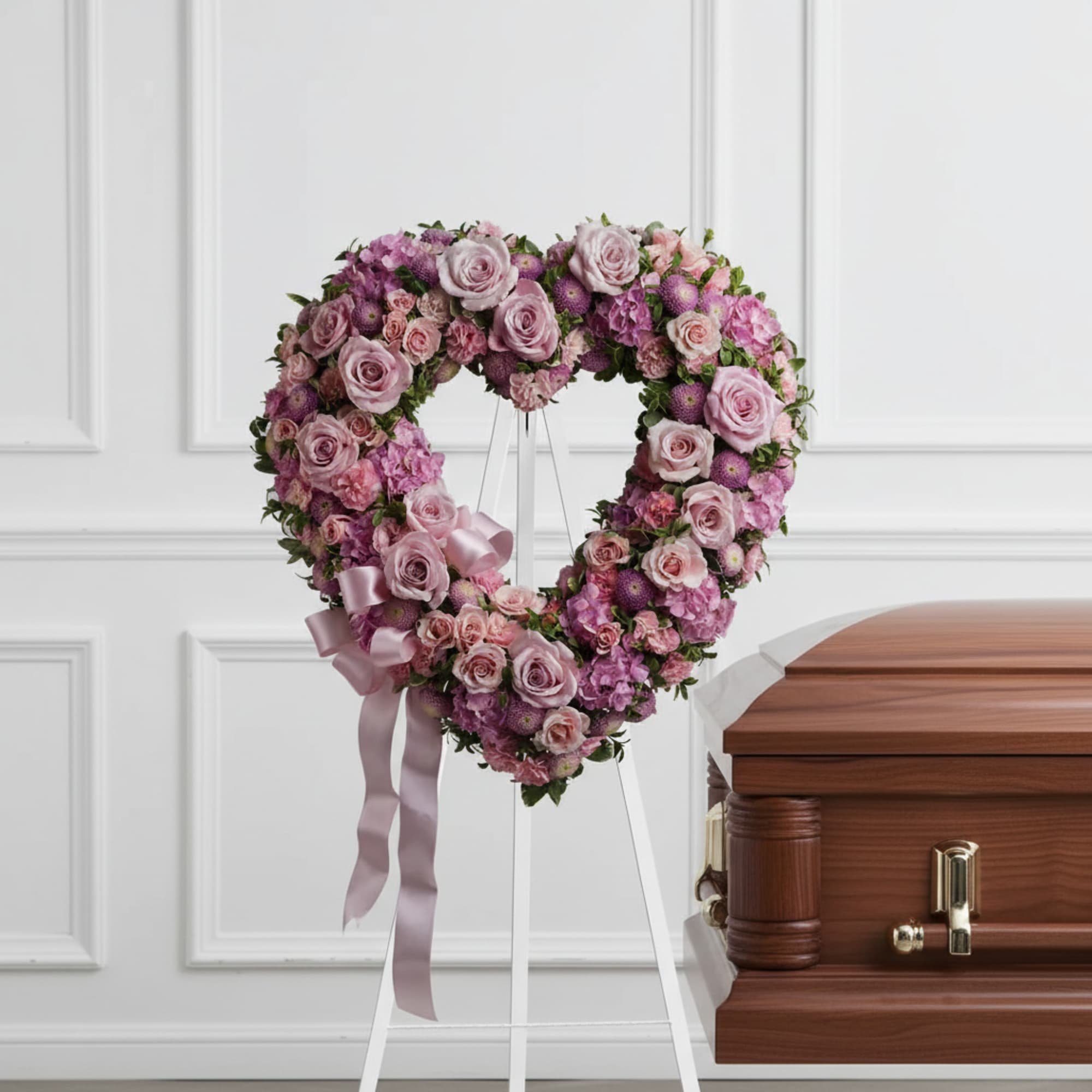 Pink floral heart wreath on a stand beside a casket
