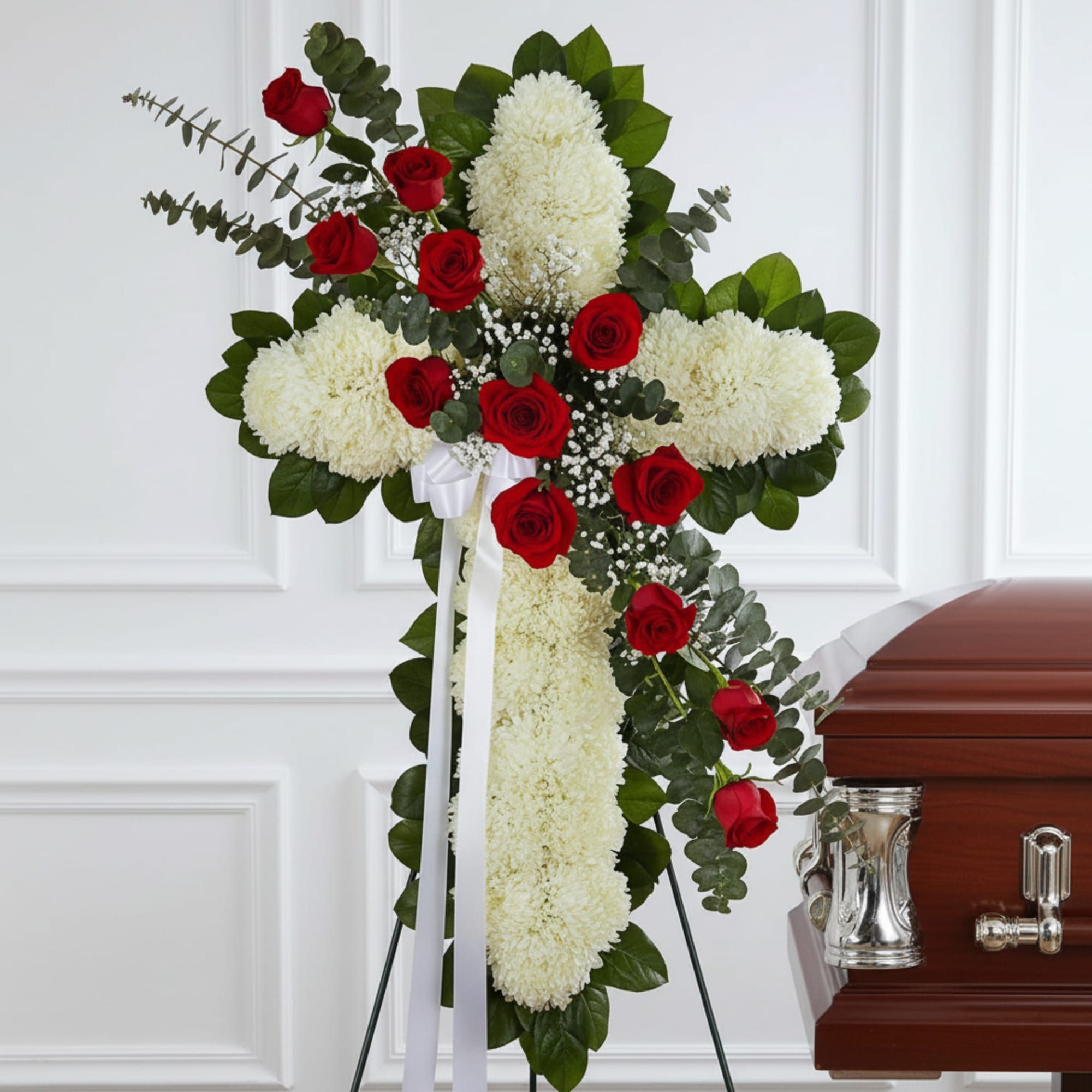 Red roses and white flowers arranged on a standing cross beside a casket