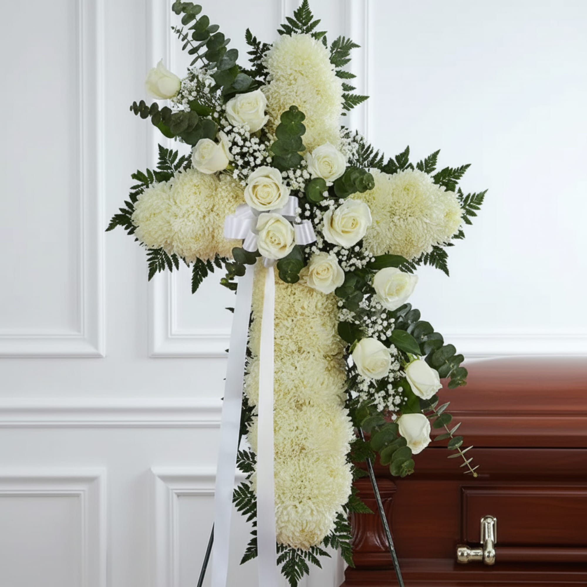 White floral funeral cross on an easel beside a casket