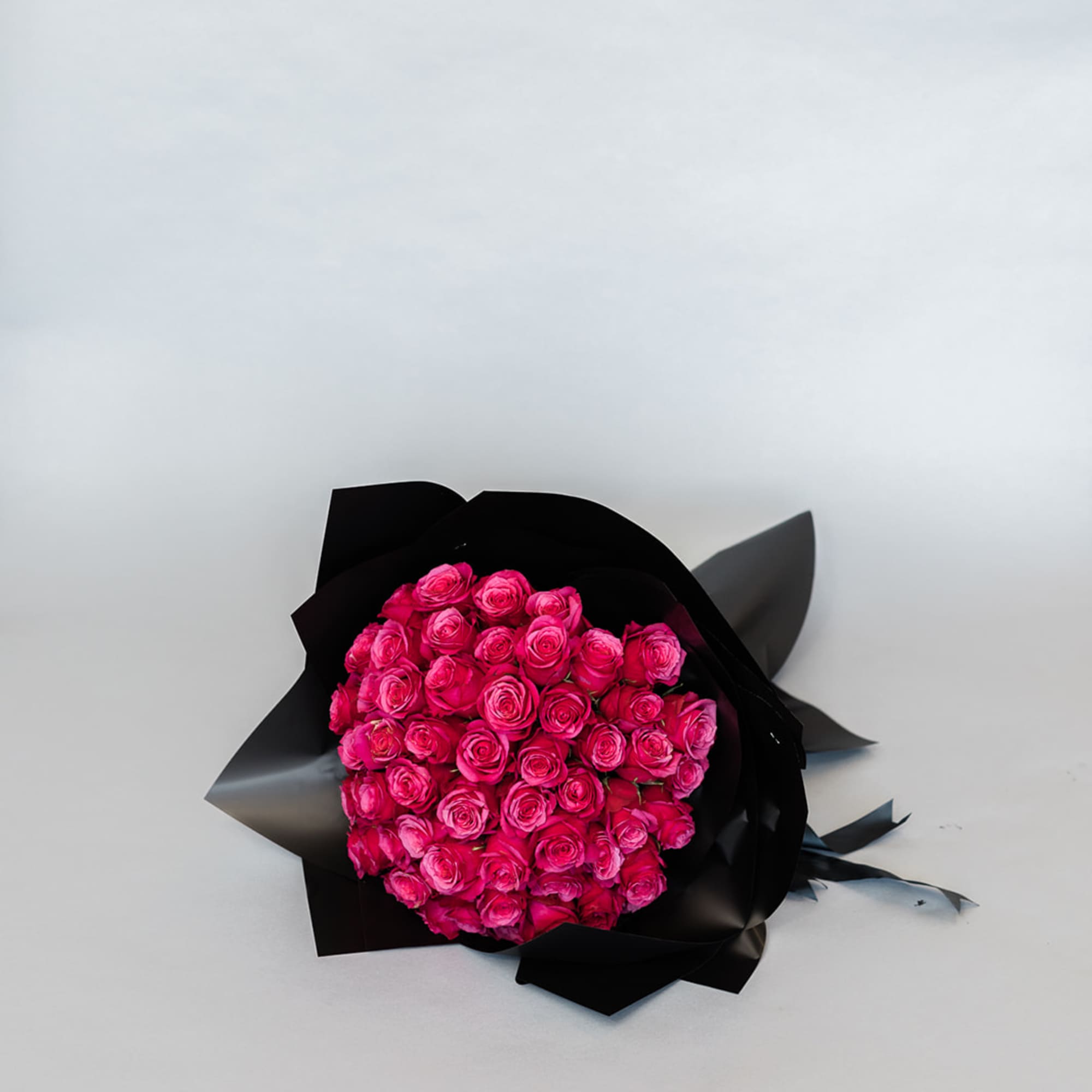 Bouquet of bright pink roses wrapped in black paper