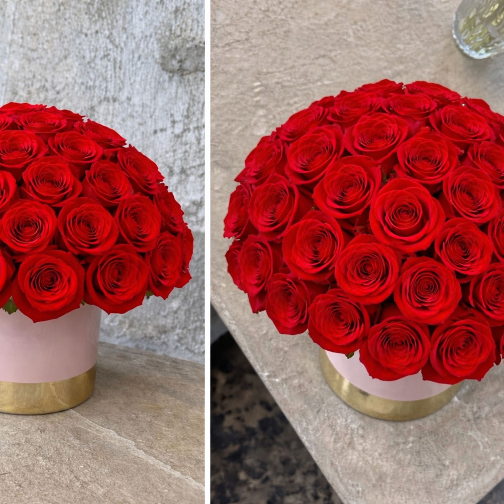 Round arrangement of red roses in a pink and gold box