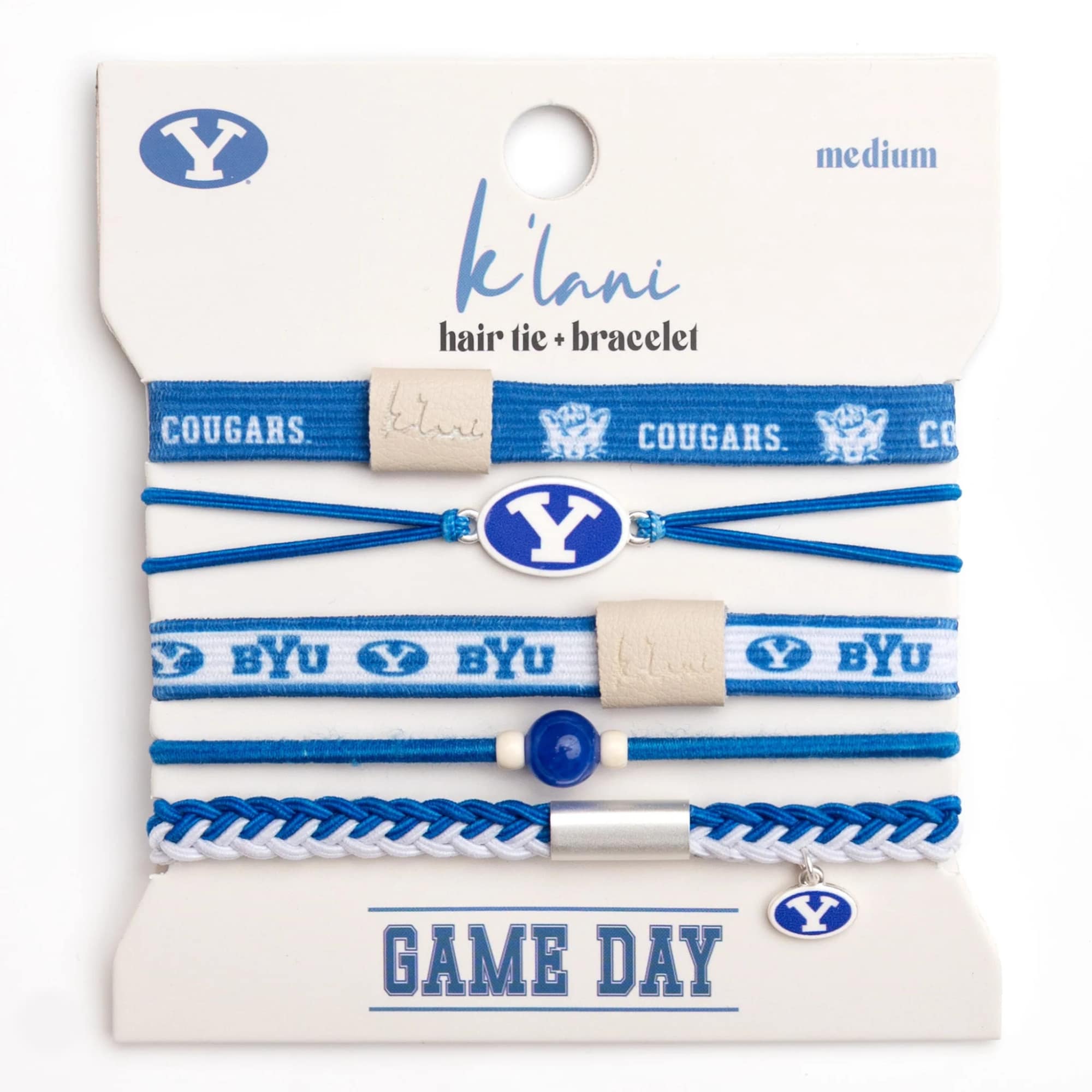Packaged BYU hair ties and bracelets in blue and white.