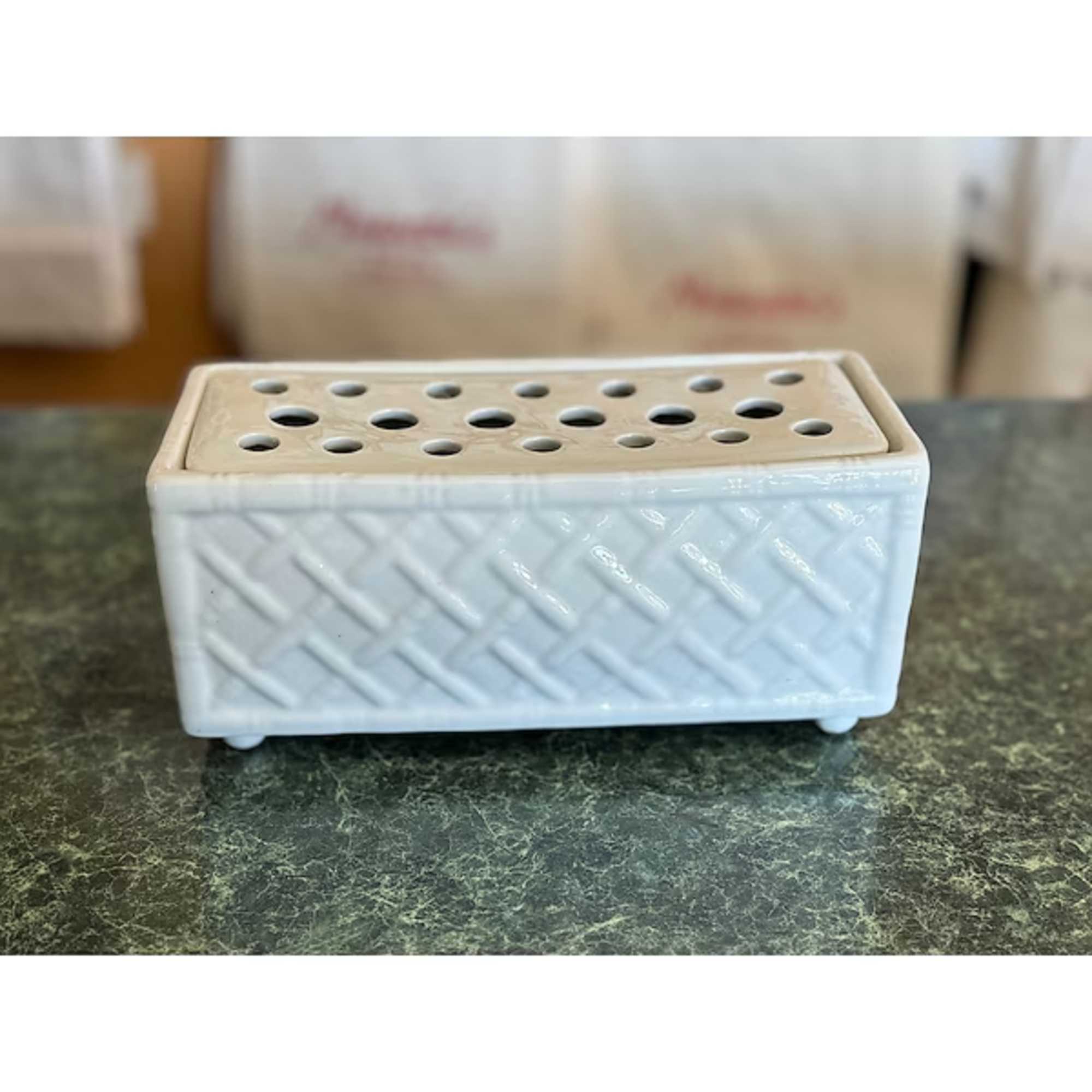 Rectangular ceramic flower frog with perforated top