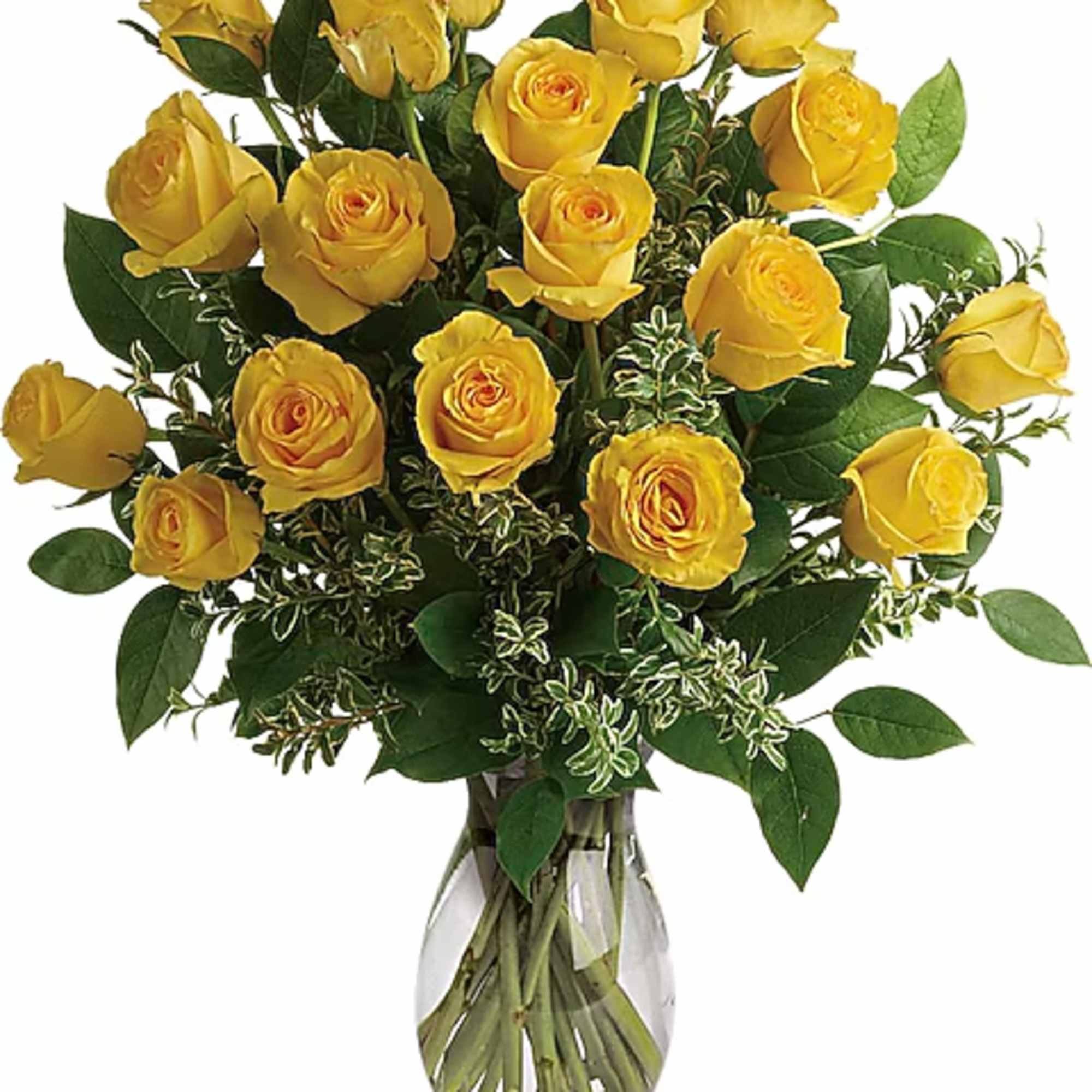 Bouquet of yellow roses in a clear glass vase