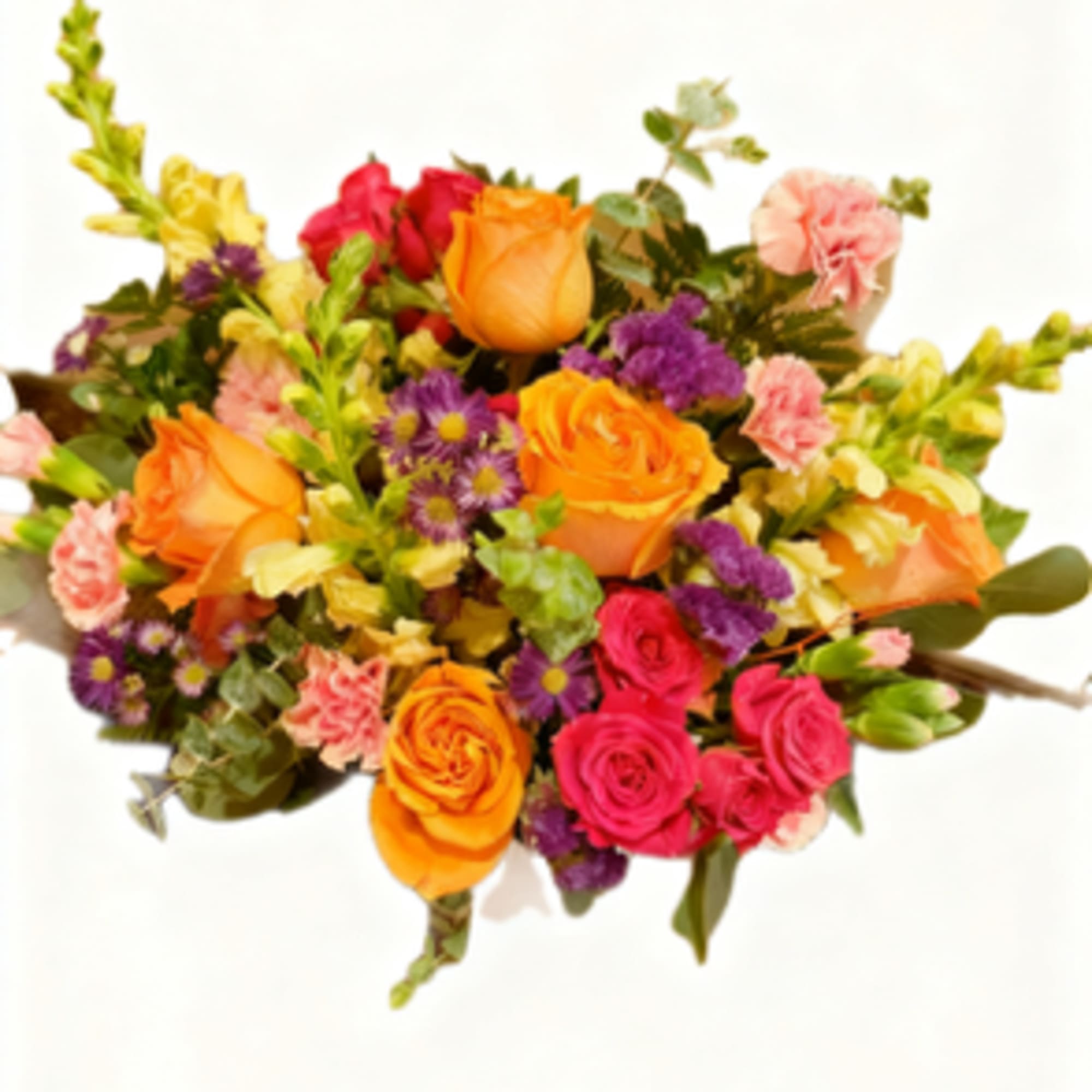 Mixed bouquet of orange, pink, and purple flowers