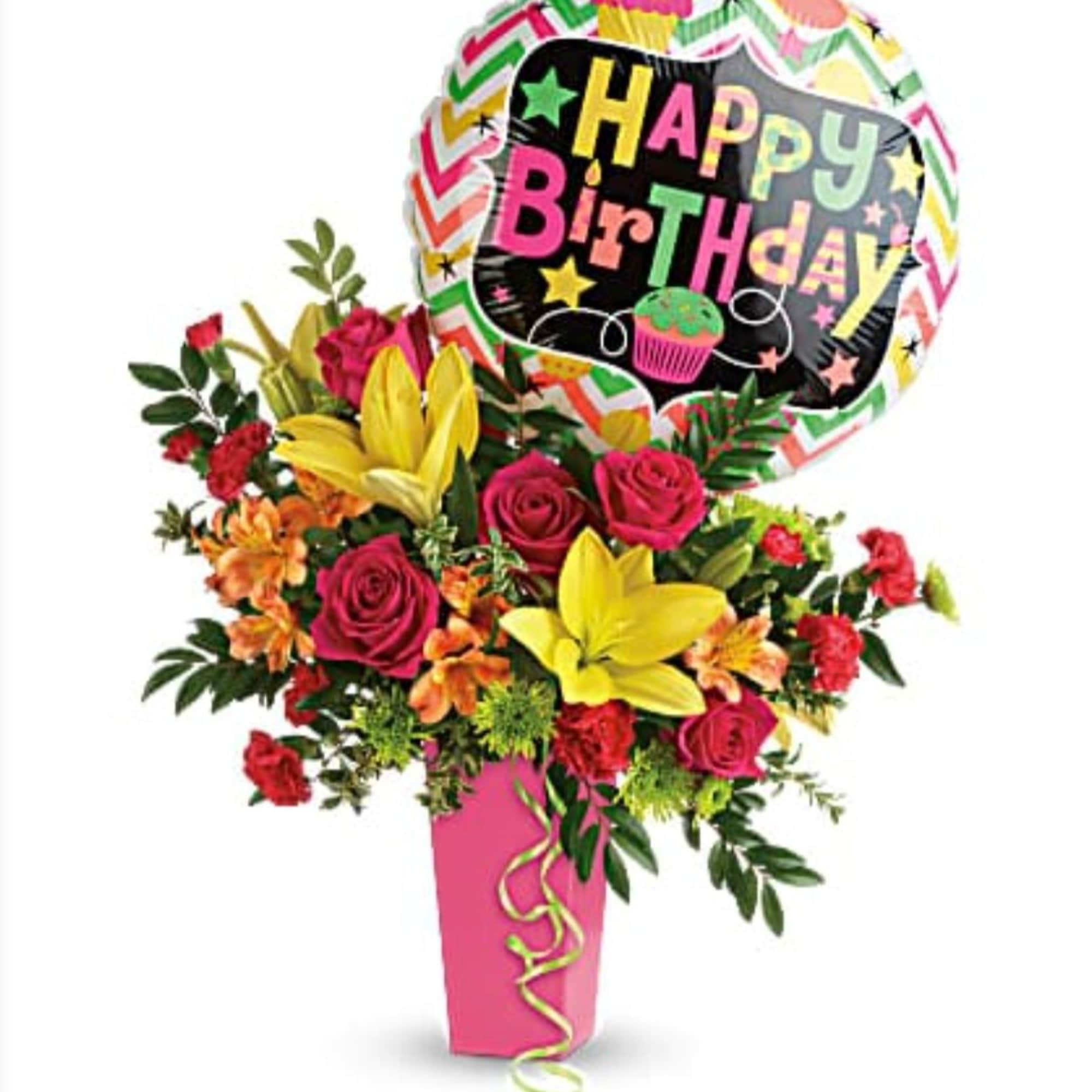 Birthday bouquet with roses, lilies, and a Happy Birthday balloon