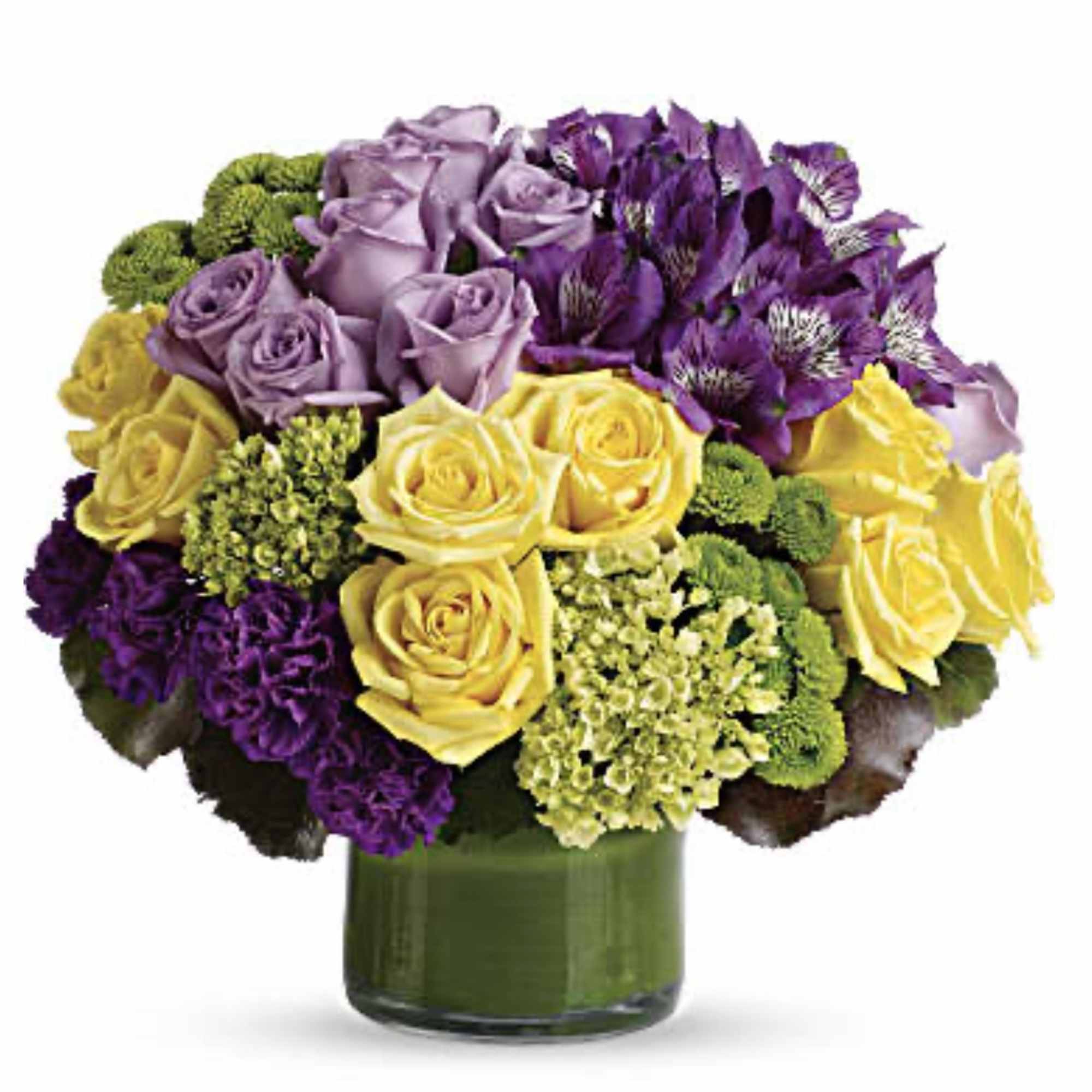 Bouquet of purple and yellow roses in a green glass vase