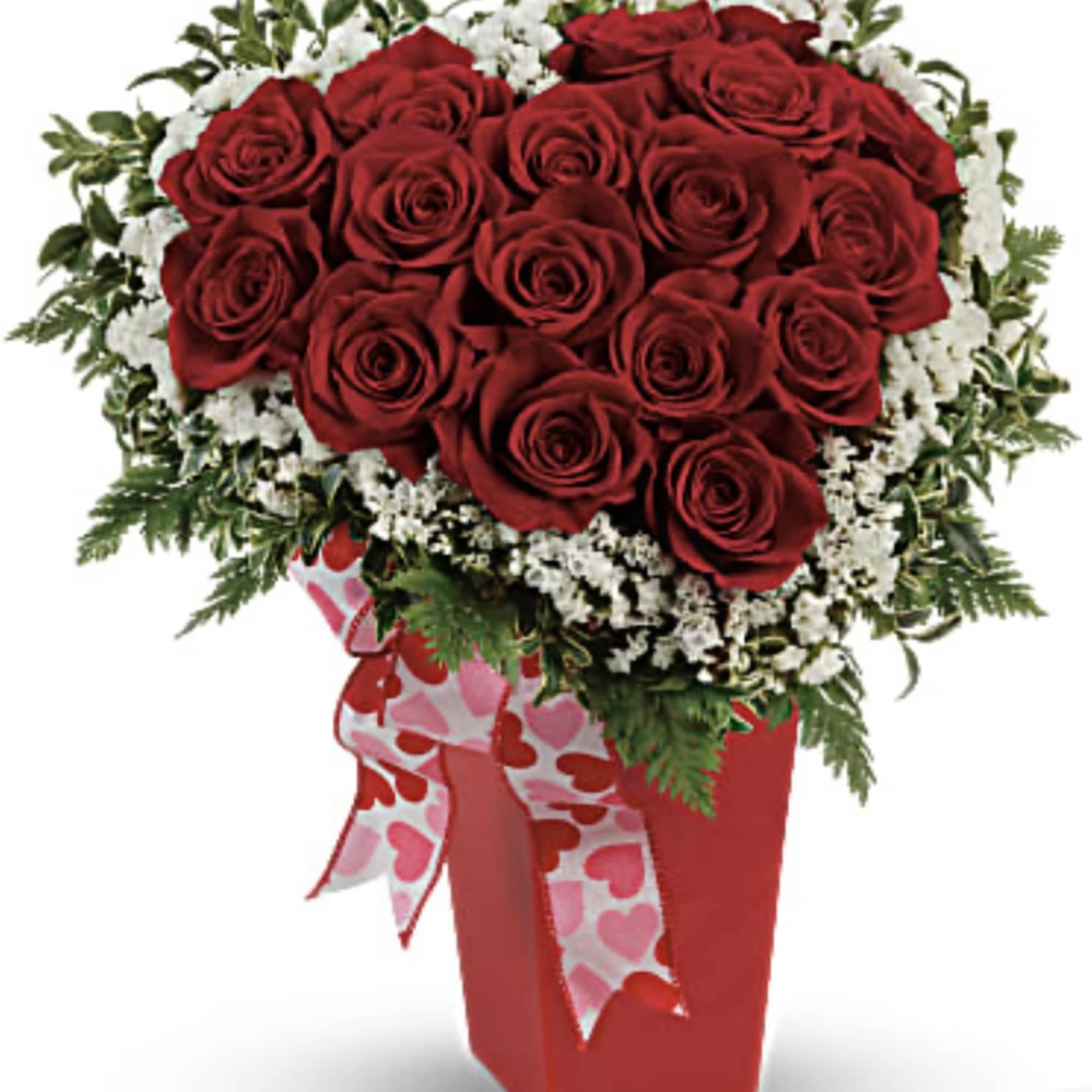 Heart-shaped red rose bouquet in a red box with a heart ribbon