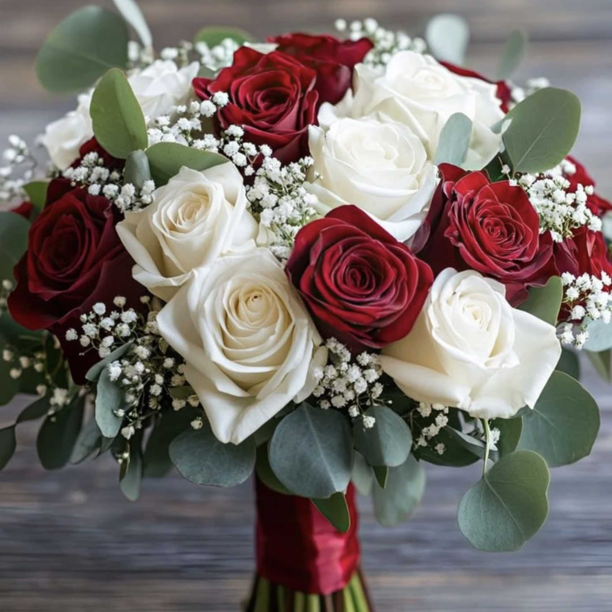 Bouquet of red and white roses with baby's breath and eucalyptus