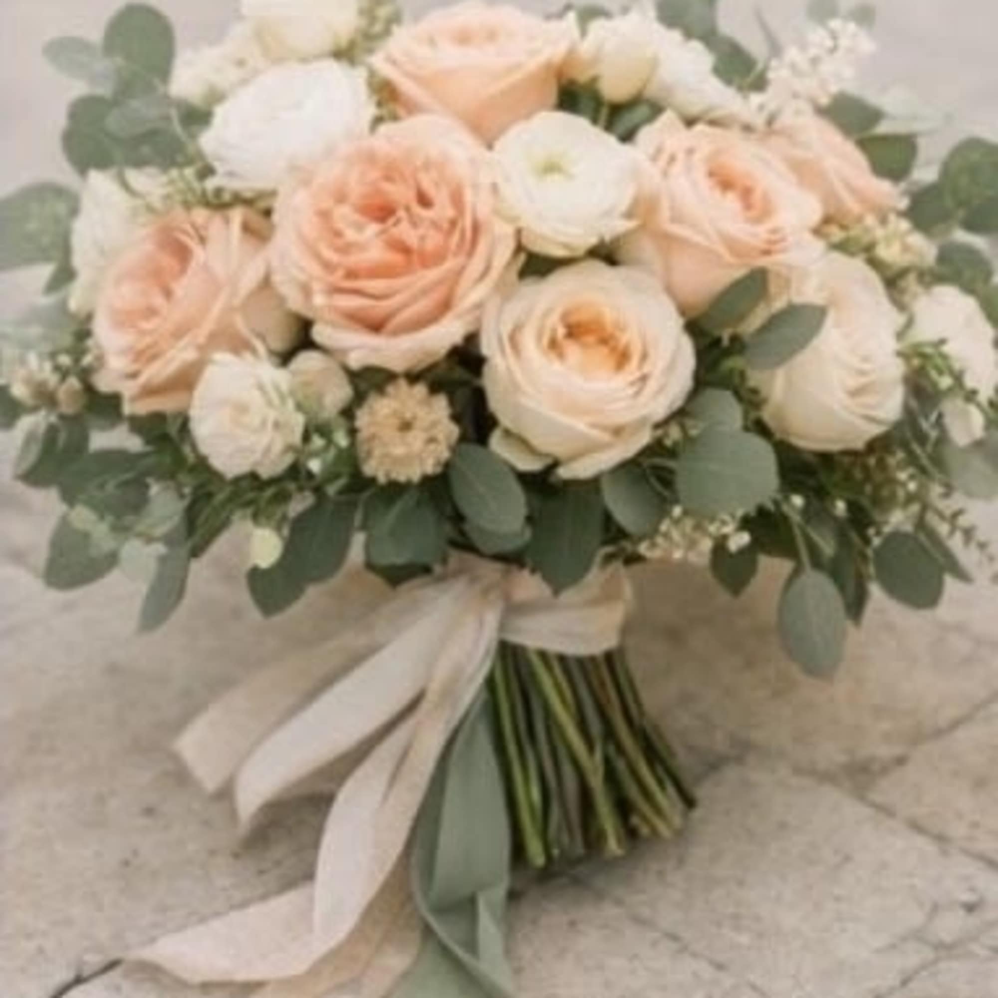Peach and white rose bouquet with eucalyptus and a ribbon wrap