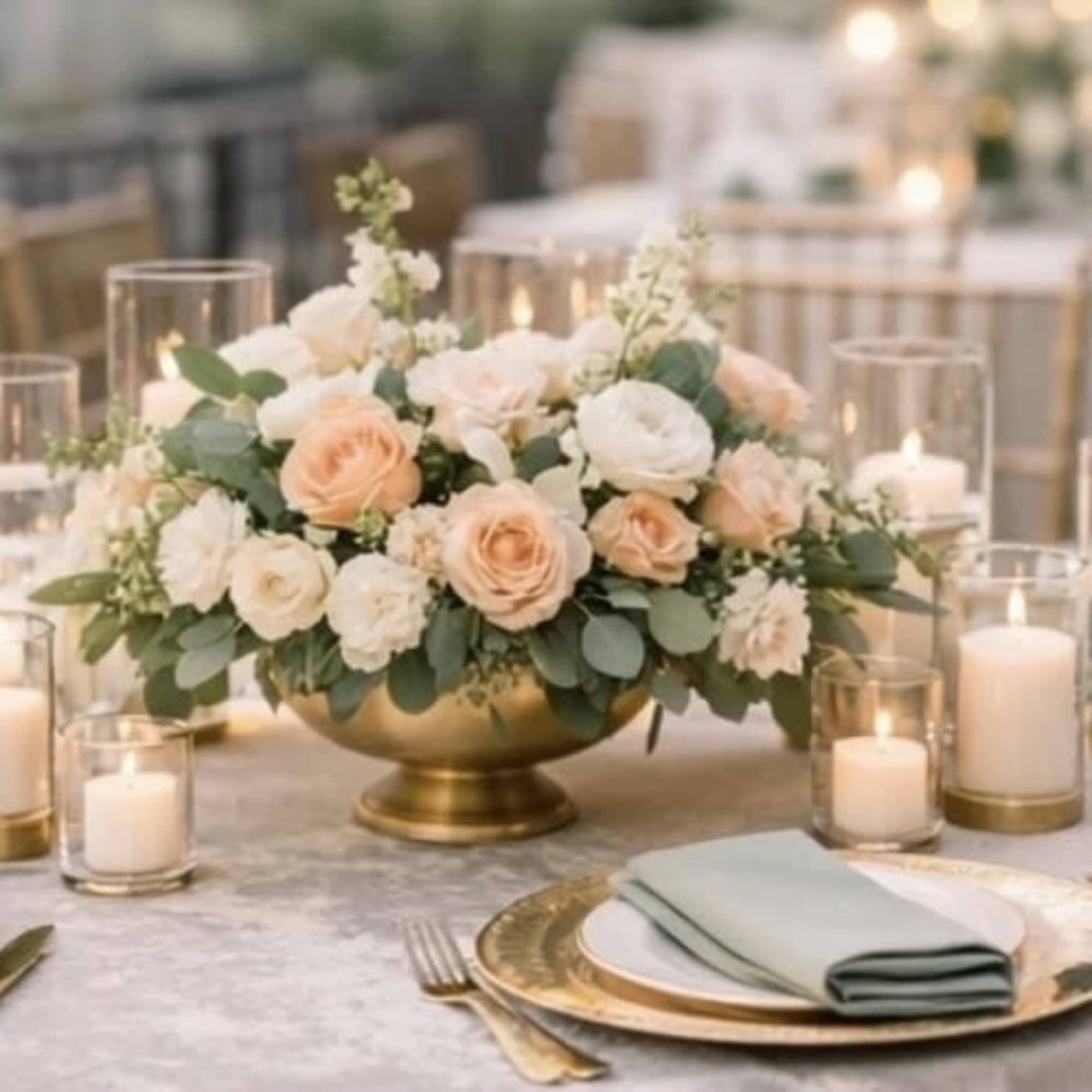 Low wedding centerpiece of peach and white roses in a gold bowl surrounded by candles