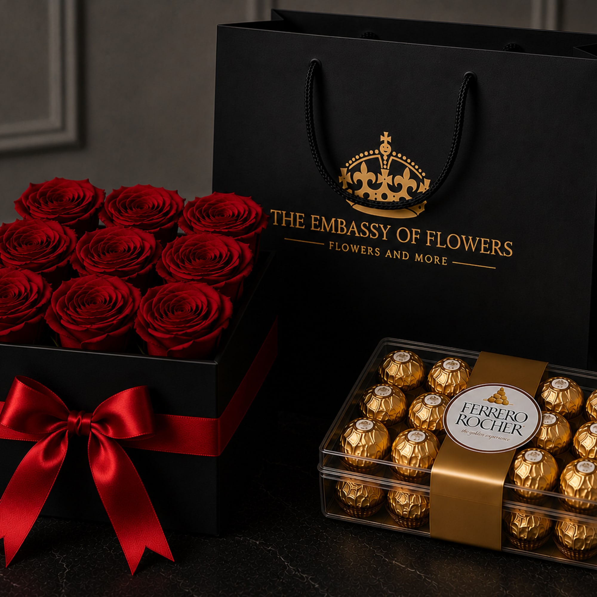 Make a lasting impression with our Combo Red Velvet Rose Box, a