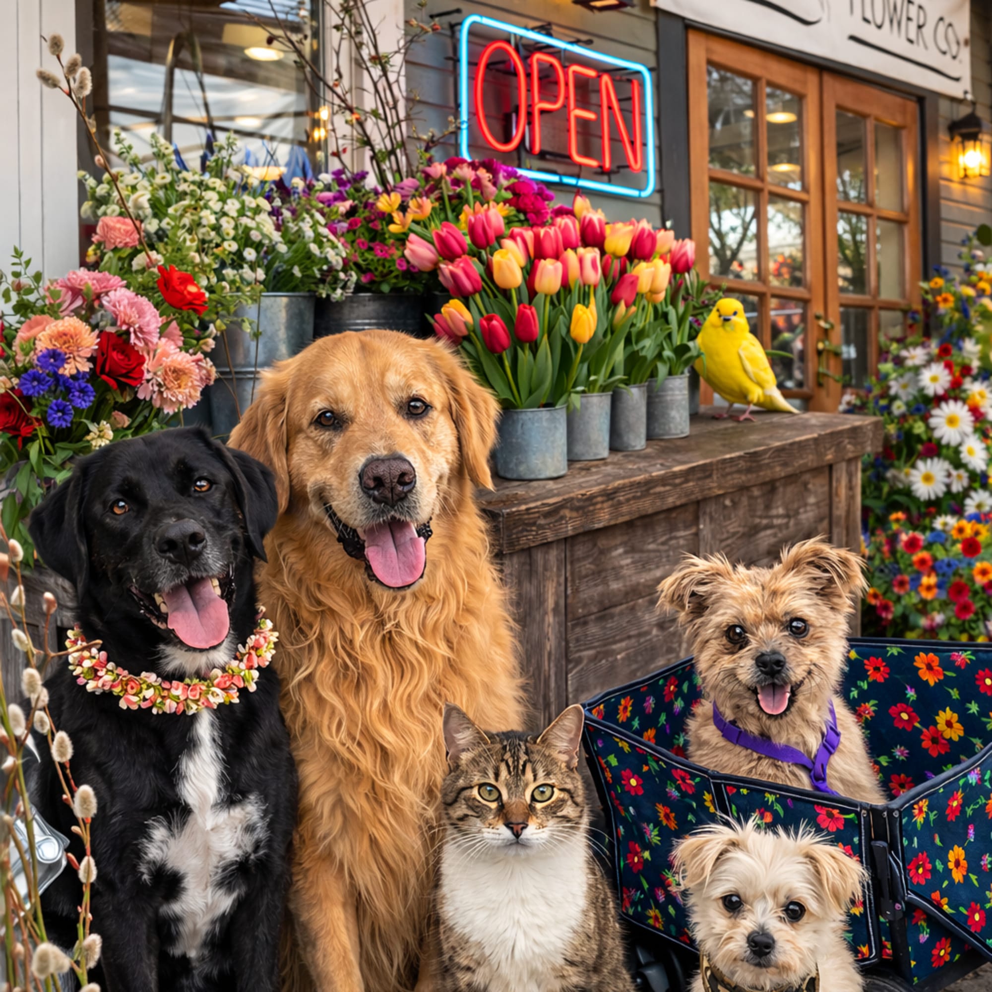 Colorful flower shop storefront with buckets of blooms and five pets posing in front