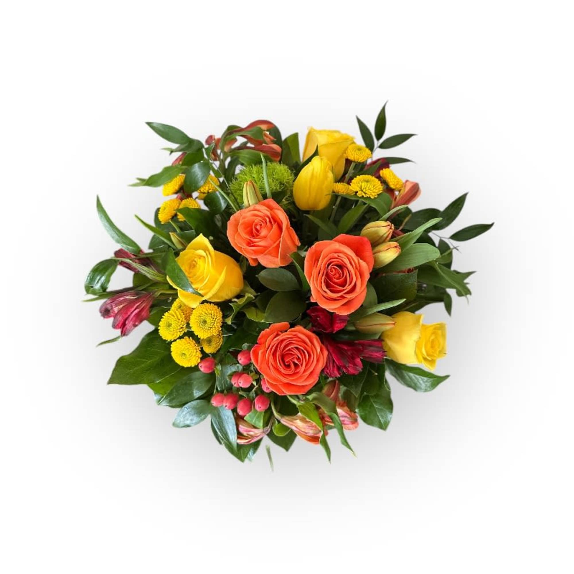 A radiant cluster of warm tones-vivid orange and sunny yellow roses, fiery