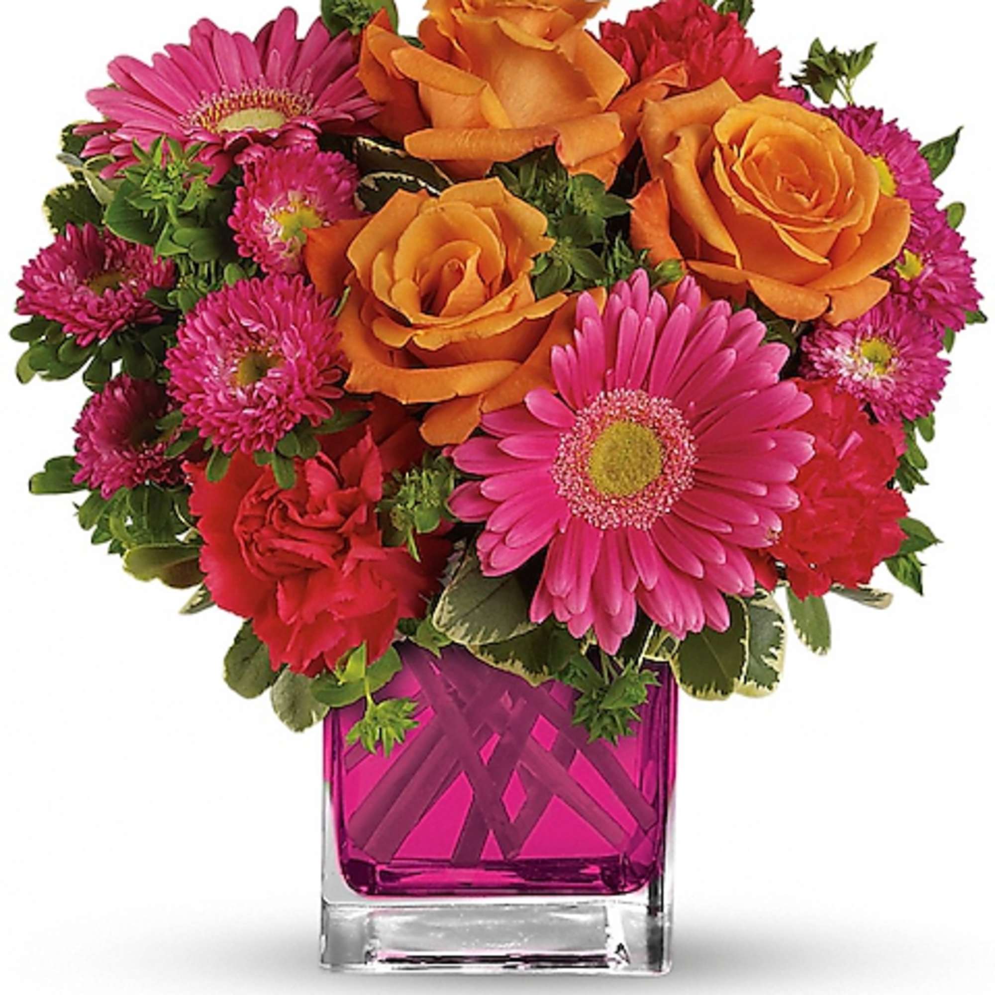 Bouquet of orange roses and pink daisies in a magenta glass vase