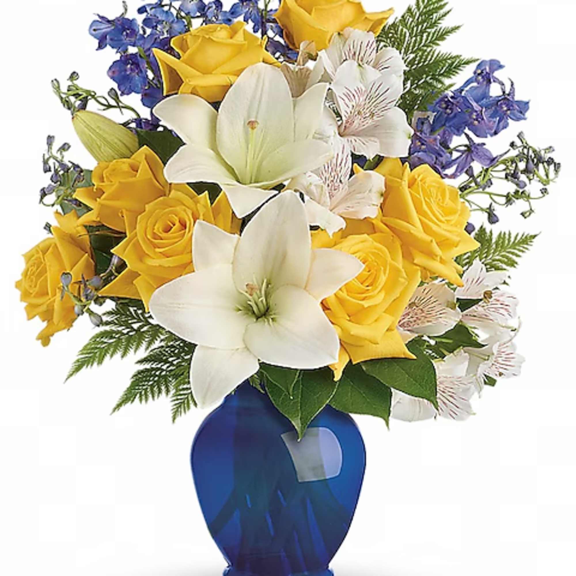 Yellow roses and white lilies in a blue vase with purple flowers