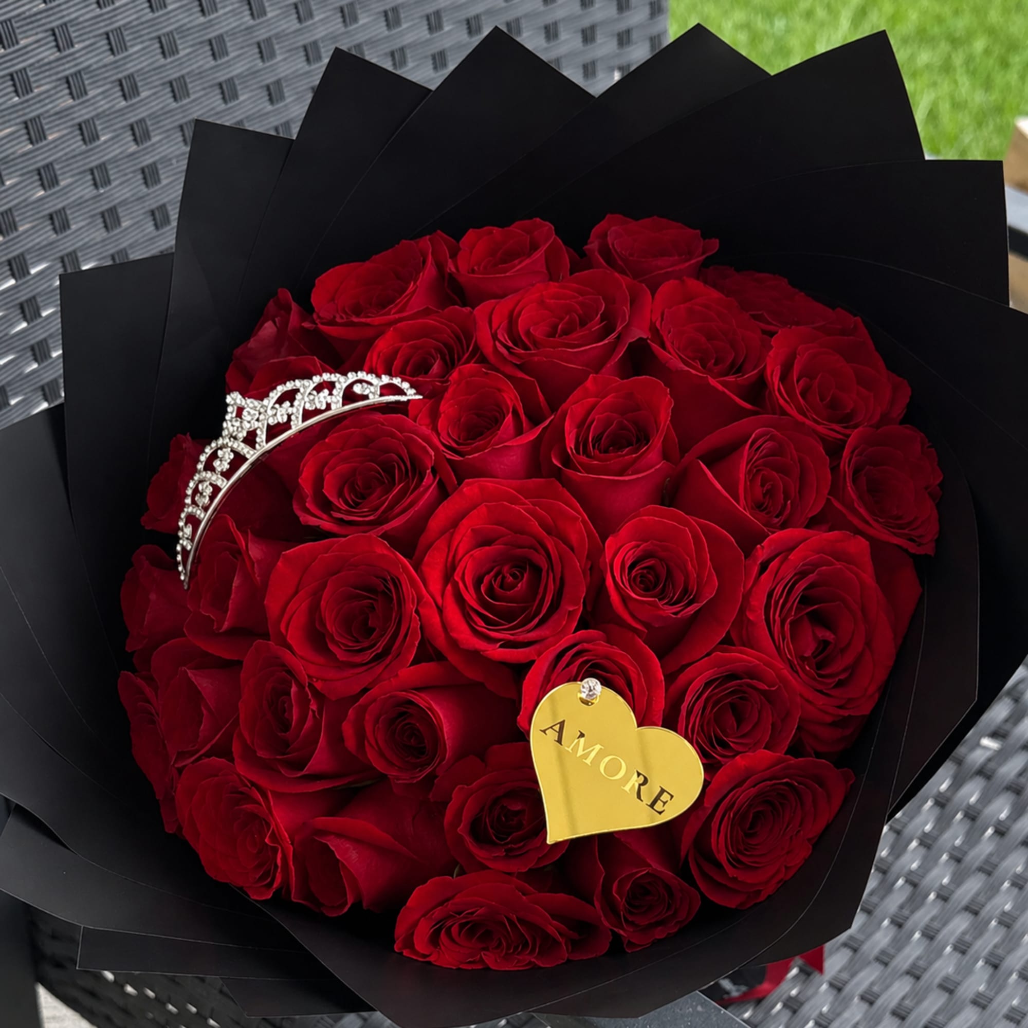 Celebrate love with our elegant Luxury Red Roses Bouquet, handcrafted using premium