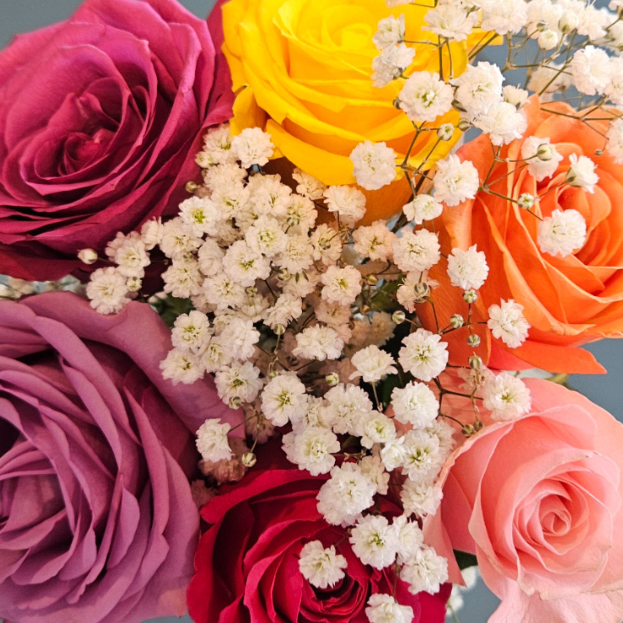 Bouquet of multicolored roses with white baby's breath