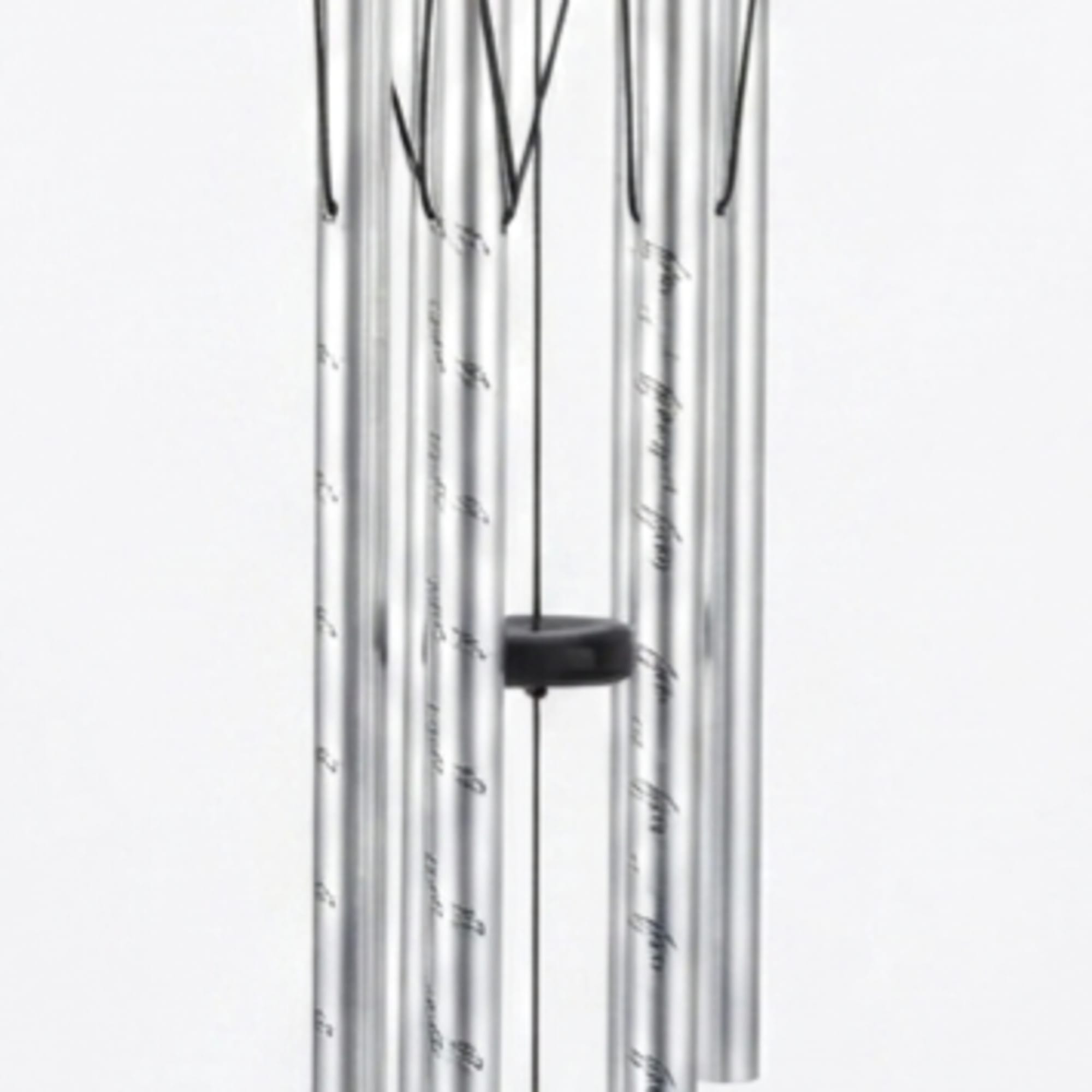 Black hanging wind chime with silver tubes and an oval "Amazing Grace" tag