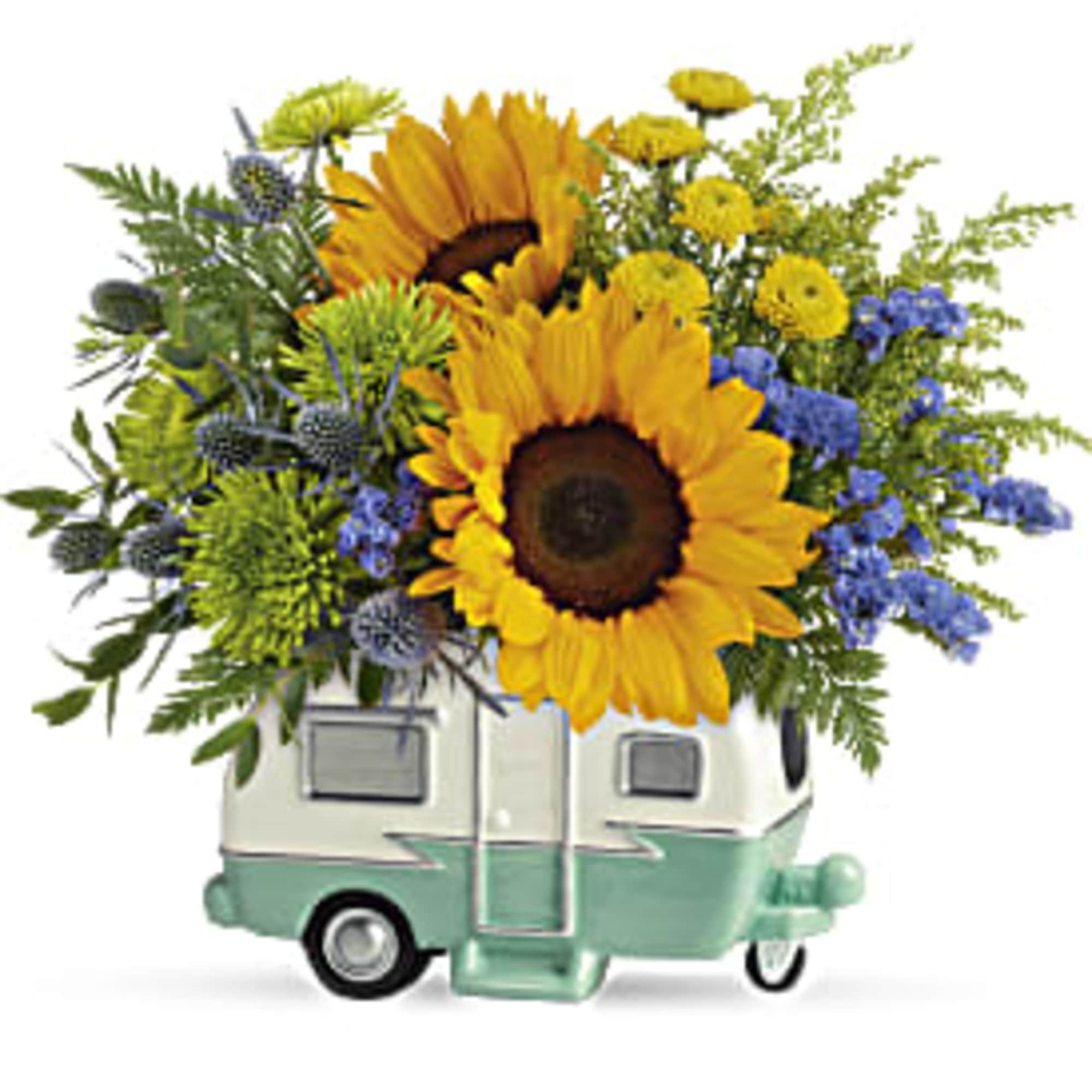 Sunflower arrangement in a small camper-shaped container