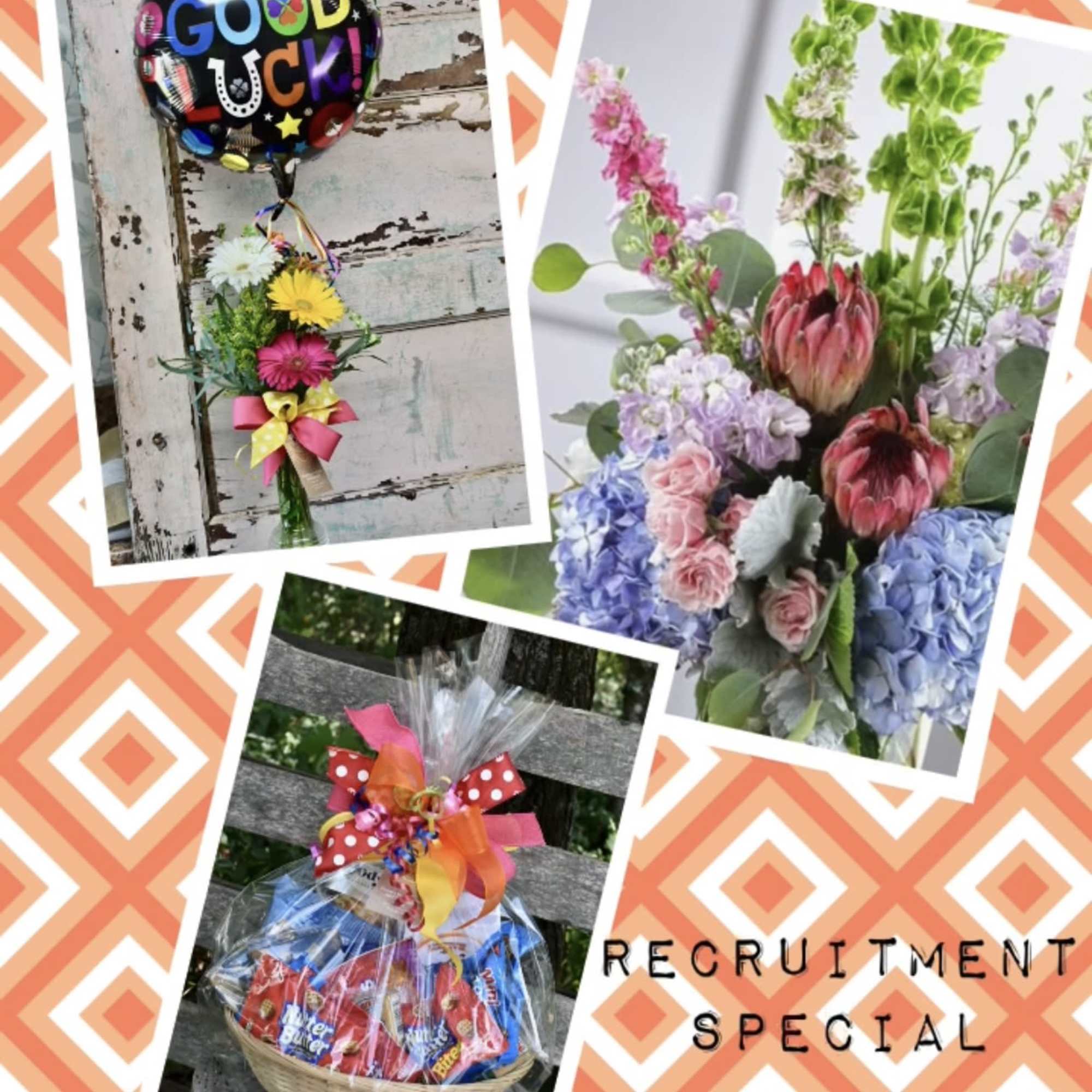 Collage of floral gifts, a balloon bouquet, and a candy basket