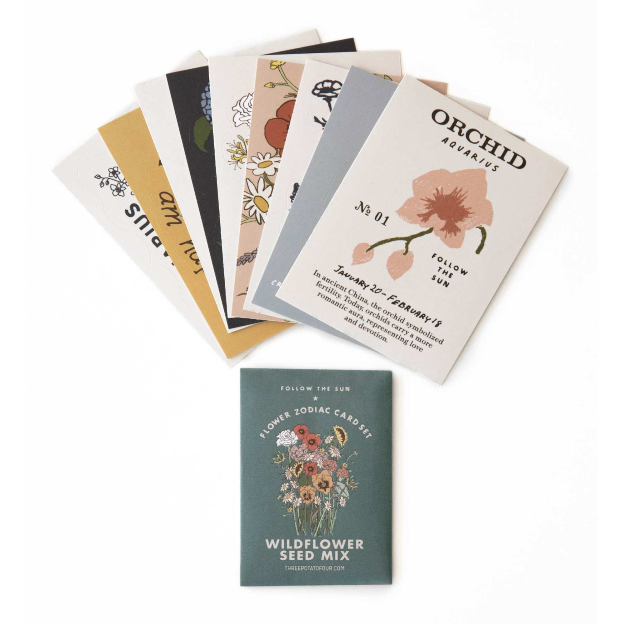Assorted flower seed packets fanned out on a white background