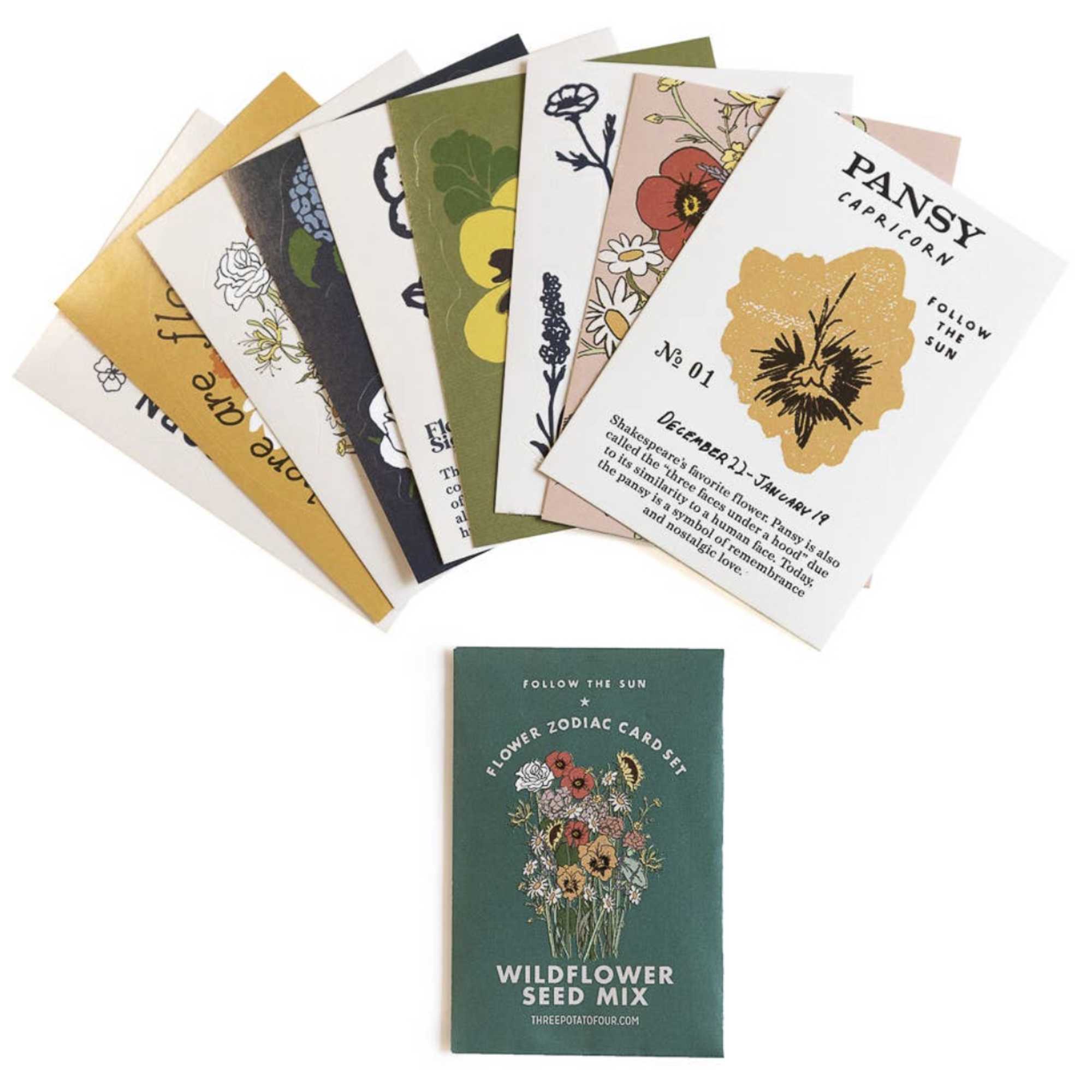 Assorted flower-themed cards and a wildflower seed packet